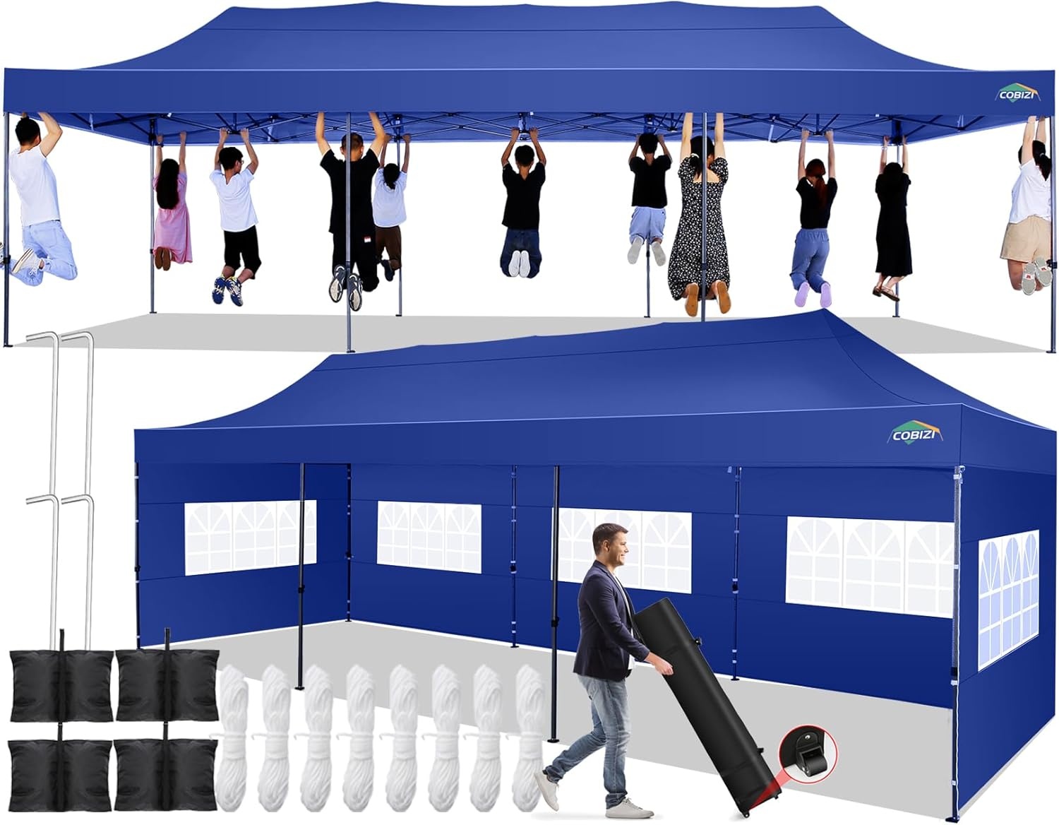 image:imageCOBIZI 66x66 Pop up Canopy Tent 66x66 Canopy No Sidewall Waterproof Heavy Duty Commercial for Parties Outdoor Garden Gazebo Tent Carry Bag with Wheel66x66ft No Sidewalls BlackDark Blue