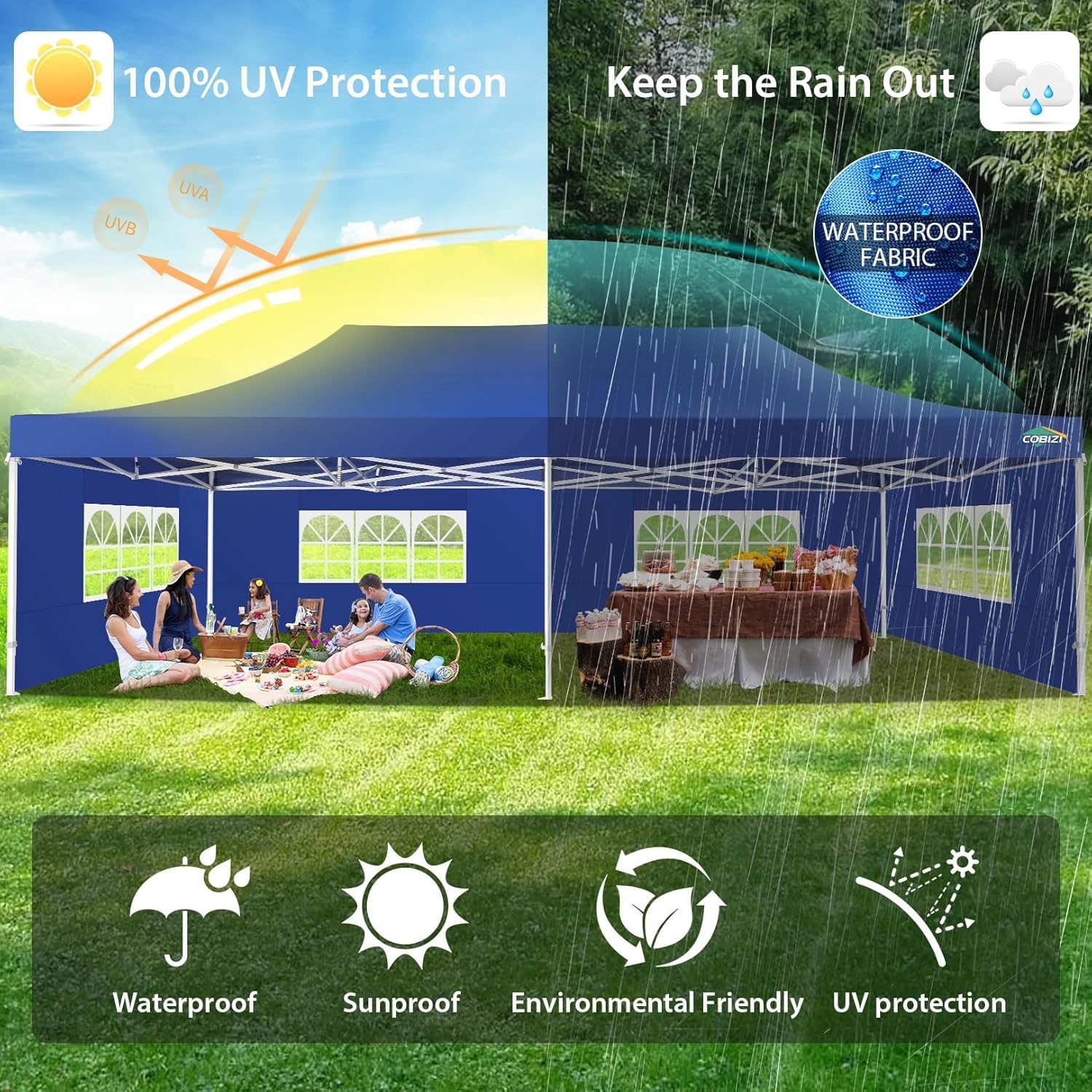 image:imageCOBIZI 66x66 Pop up Canopy Tent 66x66 Canopy No Sidewall Waterproof Heavy Duty Commercial for Parties Outdoor Garden Gazebo Tent Carry Bag with Wheel66x66ft No Sidewalls BlackDark Blue