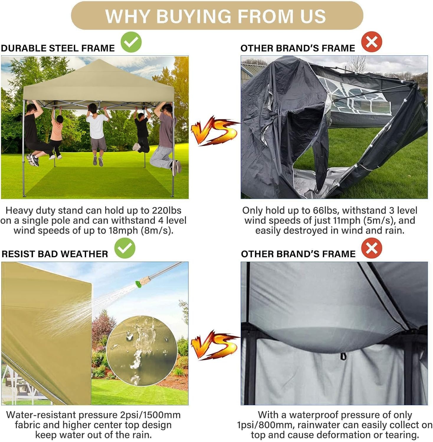 image:imageCOBIZI 66x66 Pop up Canopy Tent 66x66 Canopy No Sidewall Waterproof Heavy Duty Commercial for Parties Outdoor Garden Gazebo Tent Carry Bag with Wheel66x66ft No Sidewalls BlackKhaki