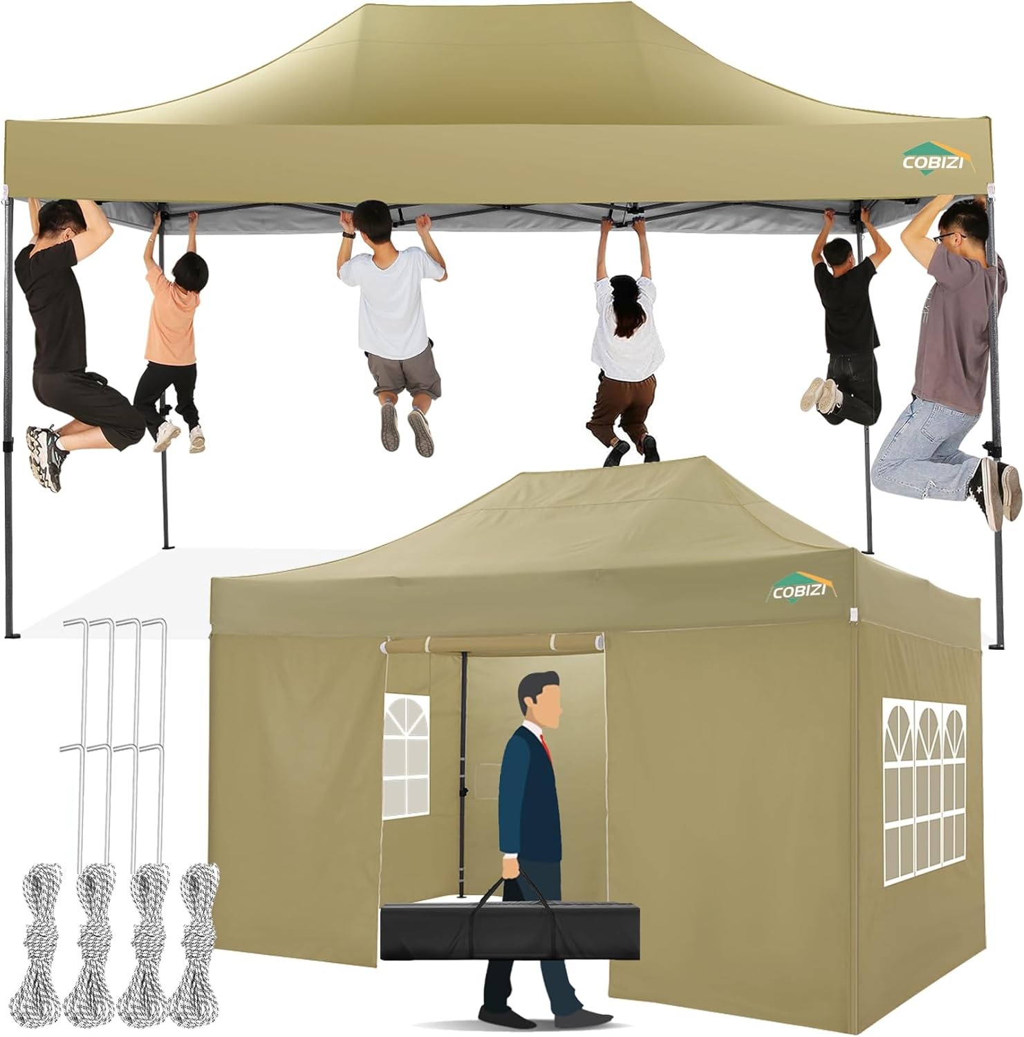 image:imageCOBIZI 66x66 Pop up Canopy Tent 66x66 Canopy No Sidewall Waterproof Heavy Duty Commercial for Parties Outdoor Garden Gazebo Tent Carry Bag with Wheel66x66ft No Sidewalls BlackKhaki