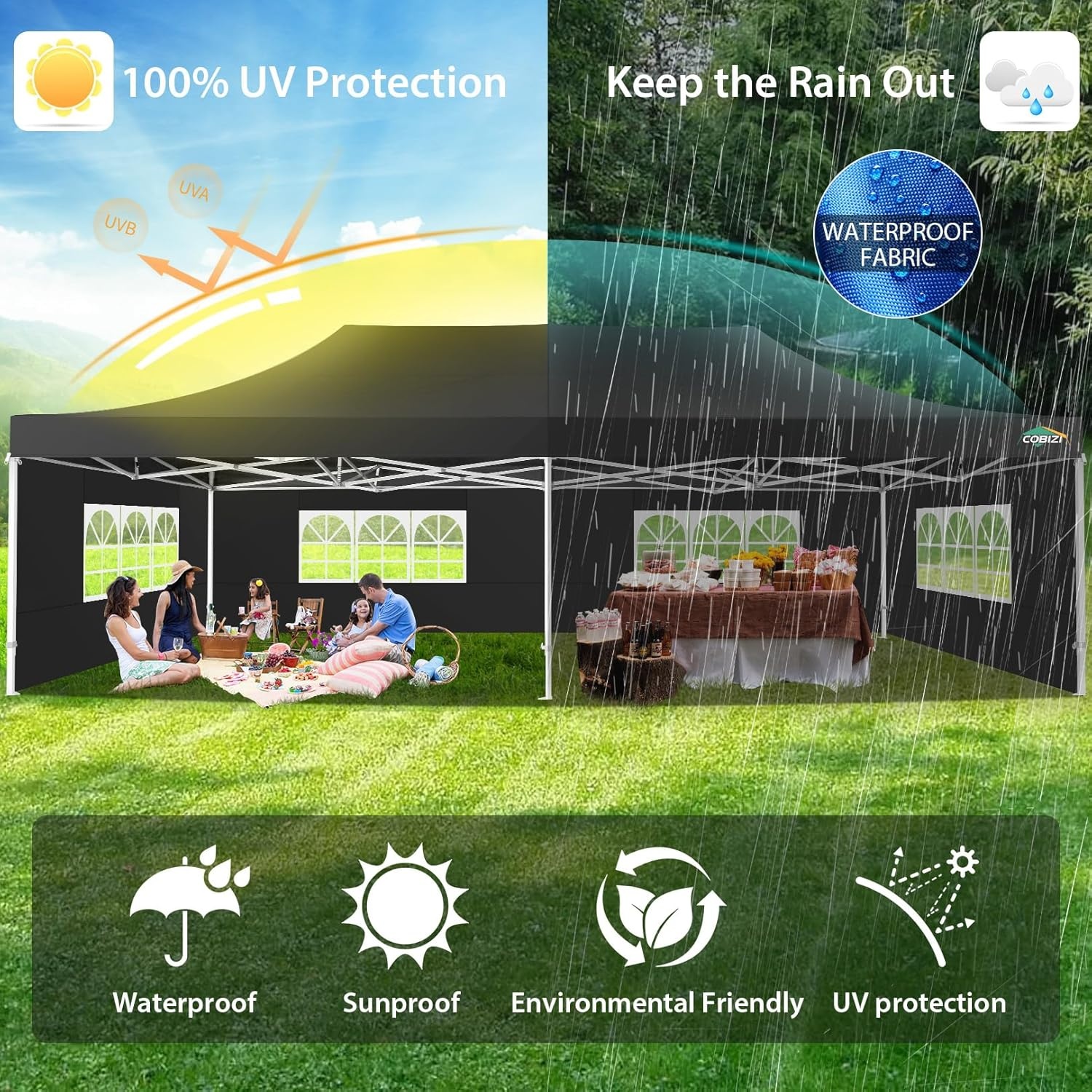 image:imageCOBIZI 66x66 Pop up Canopy Tent 66x66 Canopy No Sidewall Waterproof Heavy Duty Commercial for Parties Outdoor Garden Gazebo Tent Carry Bag with Wheel66x66ft No Sidewalls BlackBlack