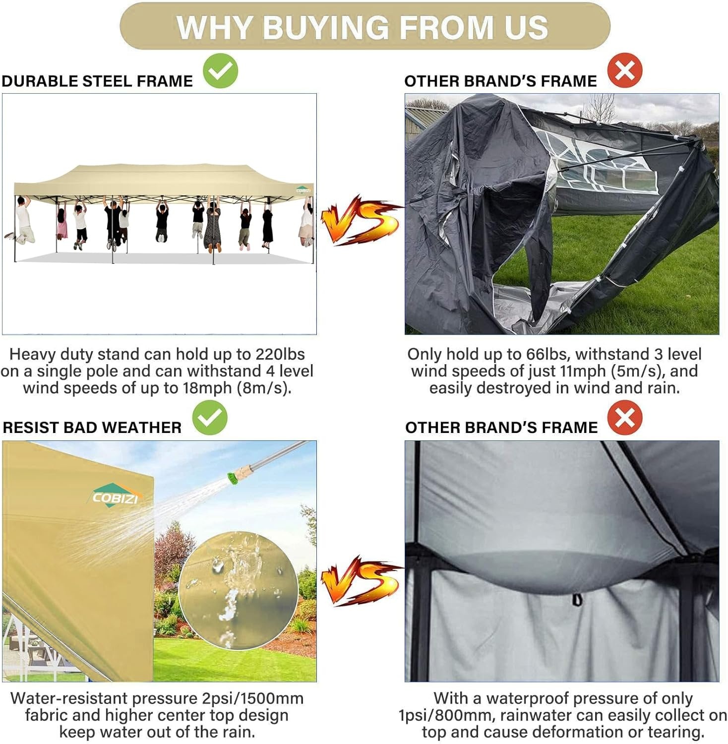 image:imageCOBIZI 66x66 Pop up Canopy Tent 66x66 Canopy No Sidewall Waterproof Heavy Duty Commercial for Parties Outdoor Garden Gazebo Tent Carry Bag with Wheel66x66ft No Sidewalls BlackKhaki