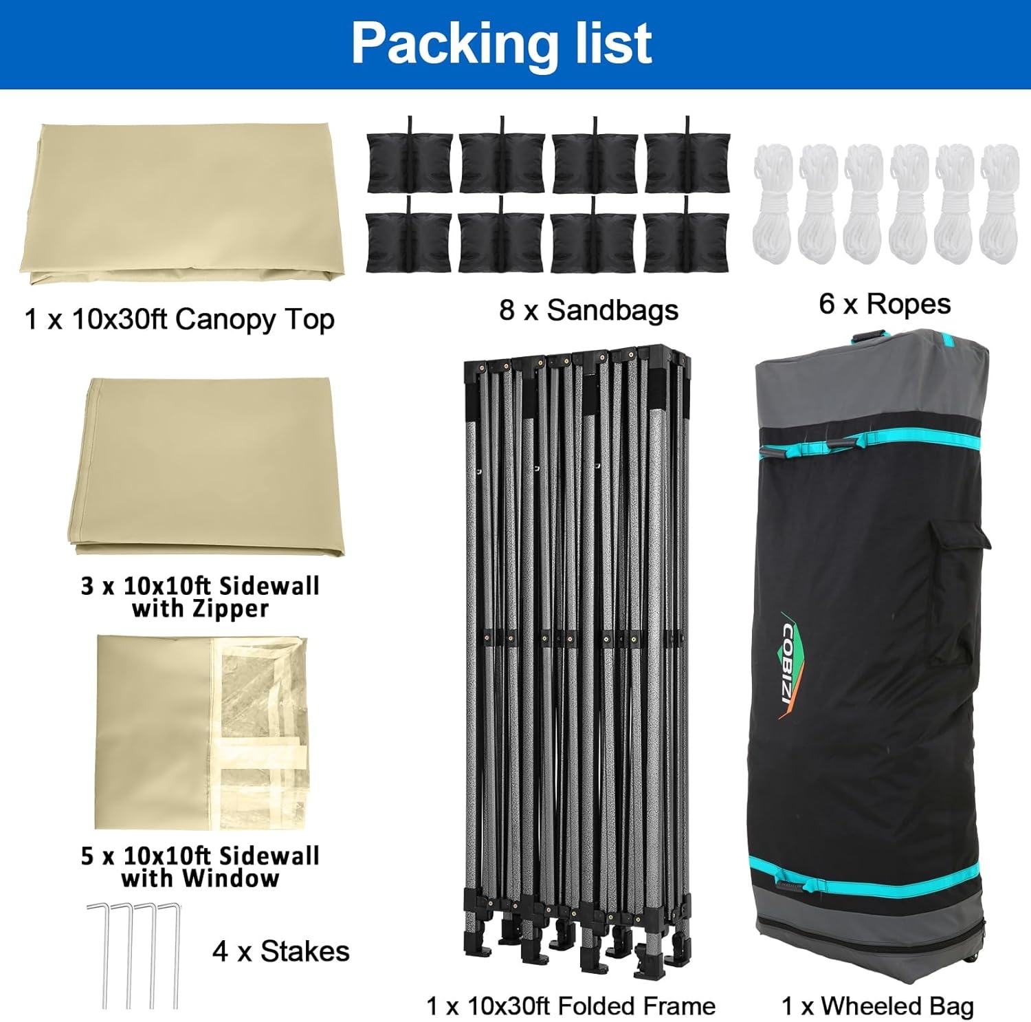 image:imageCOBIZI 66x66 Pop up Canopy Tent 66x66 Canopy No Sidewall Waterproof Heavy Duty Commercial for Parties Outdoor Garden Gazebo Tent Carry Bag with Wheel66x66ft No Sidewalls BlackKhaki