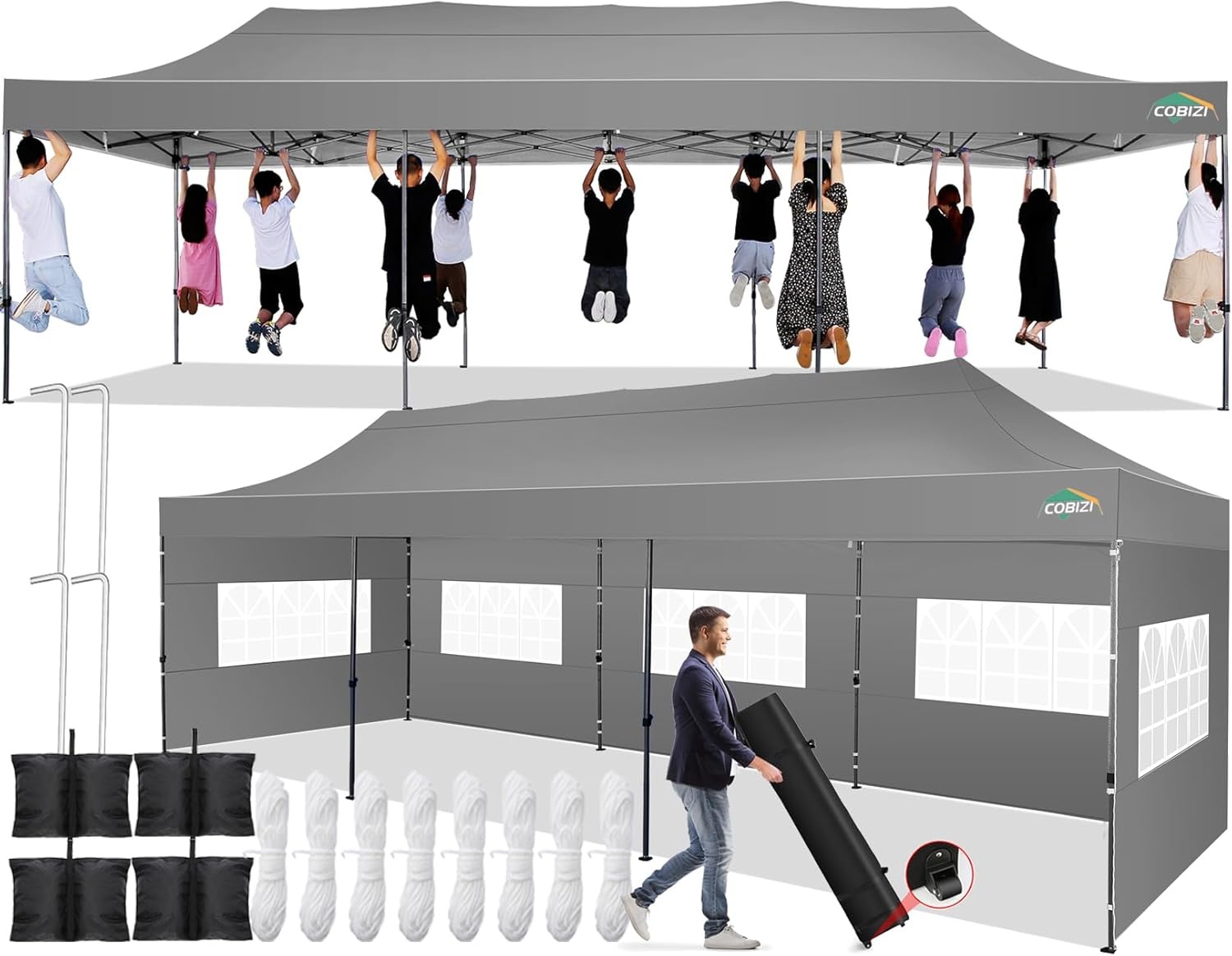 image:imageCOBIZI 66x66 Pop up Canopy Tent 66x66 Canopy No Sidewall Waterproof Heavy Duty Commercial for Parties Outdoor Garden Gazebo Tent Carry Bag with Wheel66x66ft No Sidewalls BlackGray