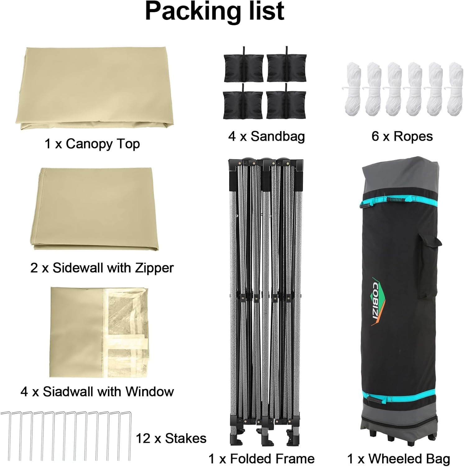 image:imageCOBIZI 66x66 Pop up Canopy Tent 66x66 Canopy No Sidewall Waterproof Heavy Duty Commercial for Parties Outdoor Garden Gazebo Tent Carry Bag with Wheel66x66ft No Sidewalls BlackKhaki