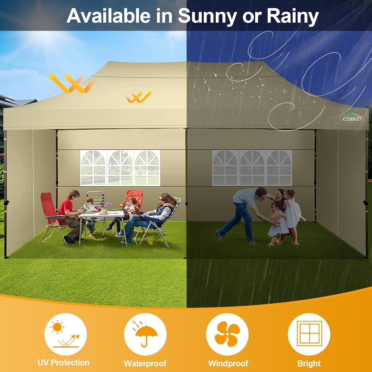image:imageCOBIZI 66x66 Pop up Canopy Tent 66x66 Canopy No Sidewall Waterproof Heavy Duty Commercial for Parties Outdoor Garden Gazebo Tent Carry Bag with Wheel66x66ft No Sidewalls BlackKhaki