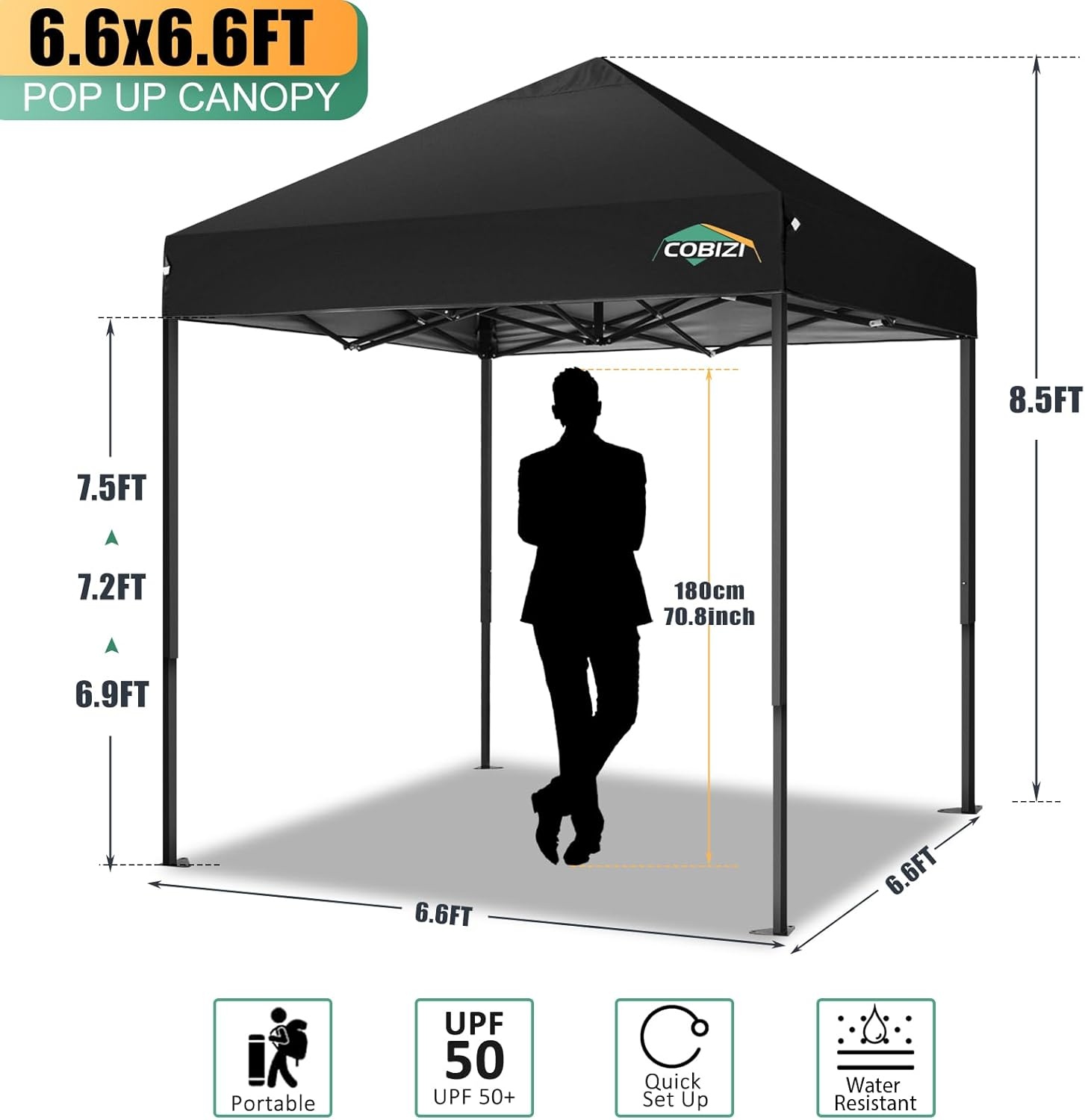 image:imageCOBIZI 66x66ft Pop Up Canopy Tent Heavy Duty Canopy Easy Set up Waterproof Outdoor Canopy Tent for Parties Beach Garden Camping with 1 Handbag 3 Adjustable Heights UPF50 Mist WhiteBlack