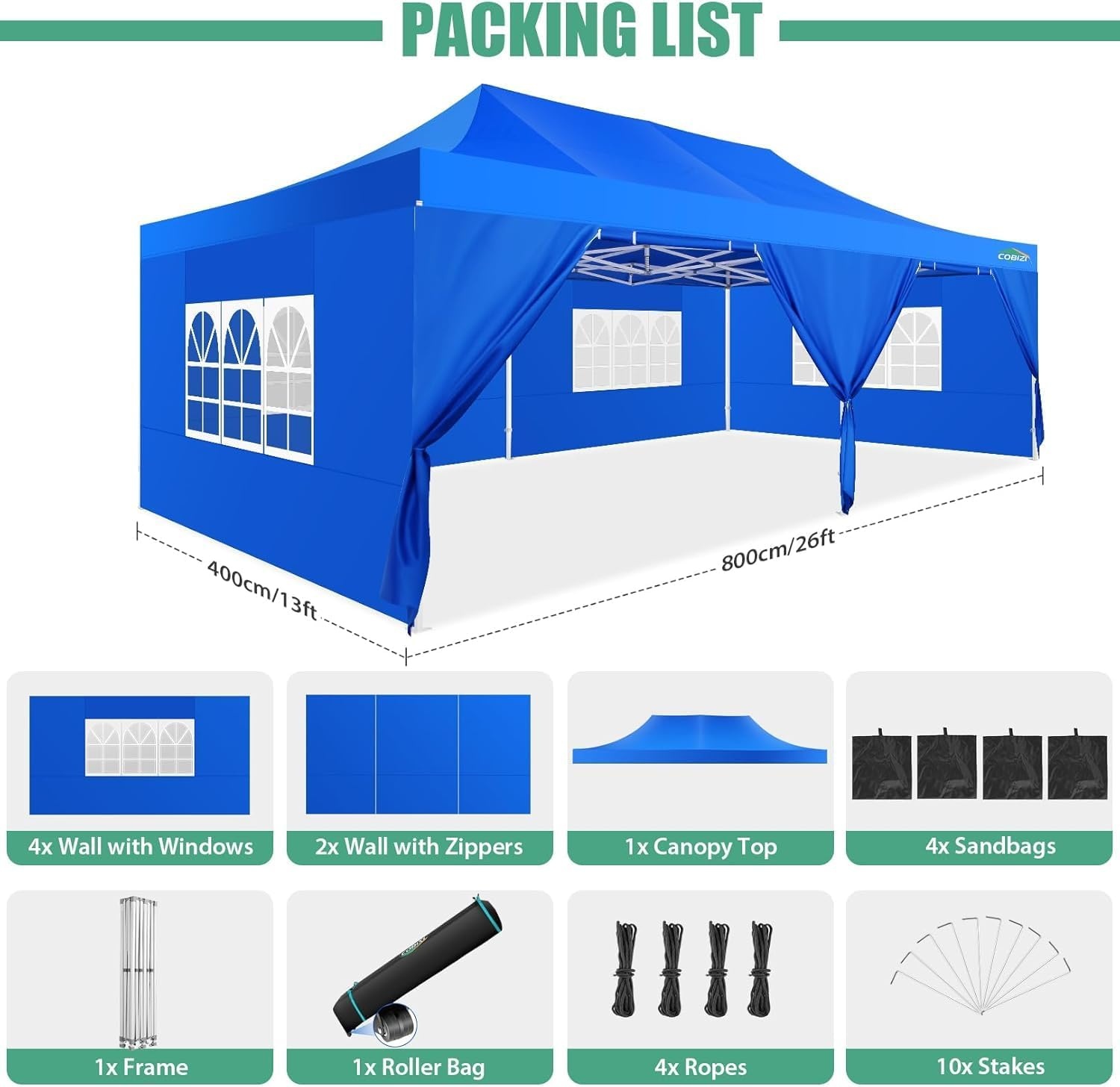 image:imageCOBIZI 66x66ft Pop Up Canopy Tent Heavy Duty Canopy Easy Set up Waterproof Outdoor Canopy Tent for Parties Beach Garden Camping with 1 Handbag 3 Adjustable Heights UPF50 Mist WhiteBlue