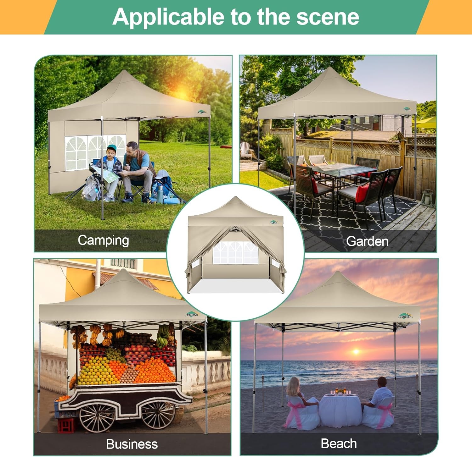 image:imageCOBIZI 66x66ft Pop Up Canopy Tent Heavy Duty Canopy Easy Set up Waterproof Outdoor Canopy Tent for Parties Beach Garden Camping with 1 Handbag 3 Adjustable Heights UPF50 Mist WhiteKhaki