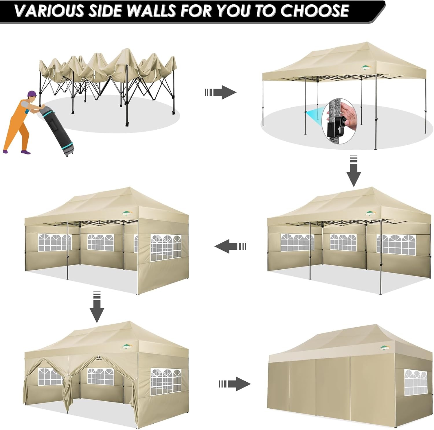 image:imageCOBIZI 66x66ft Pop Up Canopy Tent Heavy Duty Canopy Easy Set up Waterproof Outdoor Canopy Tent for Parties Beach Garden Camping with 1 Handbag 3 Adjustable Heights UPF50 Mist WhiteKhaki