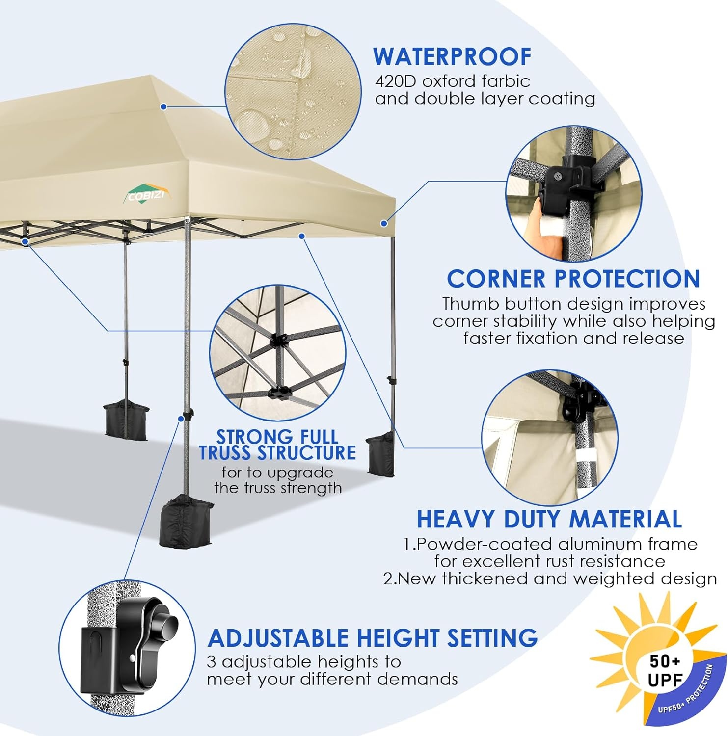image:imageCOBIZI 66x66ft Pop Up Canopy Tent Heavy Duty Canopy Easy Set up Waterproof Outdoor Canopy Tent for Parties Beach Garden Camping with 1 Handbag 3 Adjustable Heights UPF50 Mist WhiteKhaki