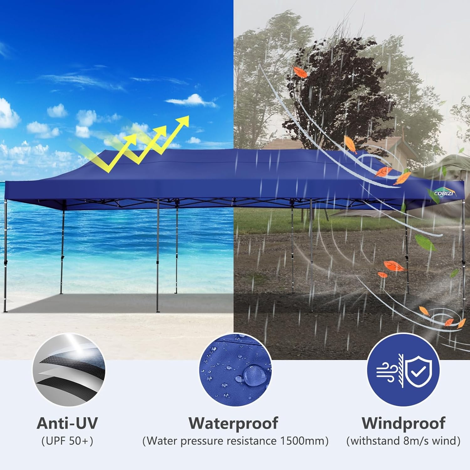 image:imageCOBIZI 66x66ft Pop Up Canopy Tent Heavy Duty Canopy Easy Set up Waterproof Outdoor Canopy Tent for Parties Beach Garden Camping with 1 Handbag 3 Adjustable Heights UPF50 Mist WhiteDark Blue