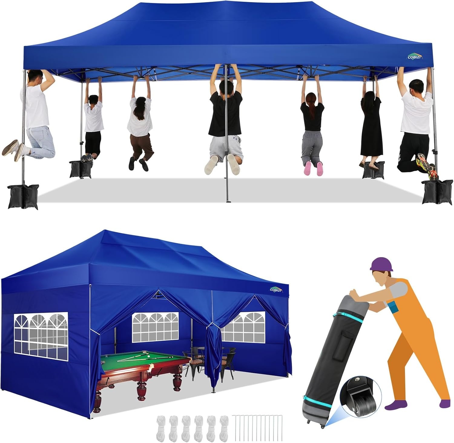 image:imageCOBIZI 66x66ft Pop Up Canopy Tent Heavy Duty Canopy Easy Set up Waterproof Outdoor Canopy Tent for Parties Beach Garden Camping with 1 Handbag 3 Adjustable Heights UPF50 Mist WhiteDark Blue