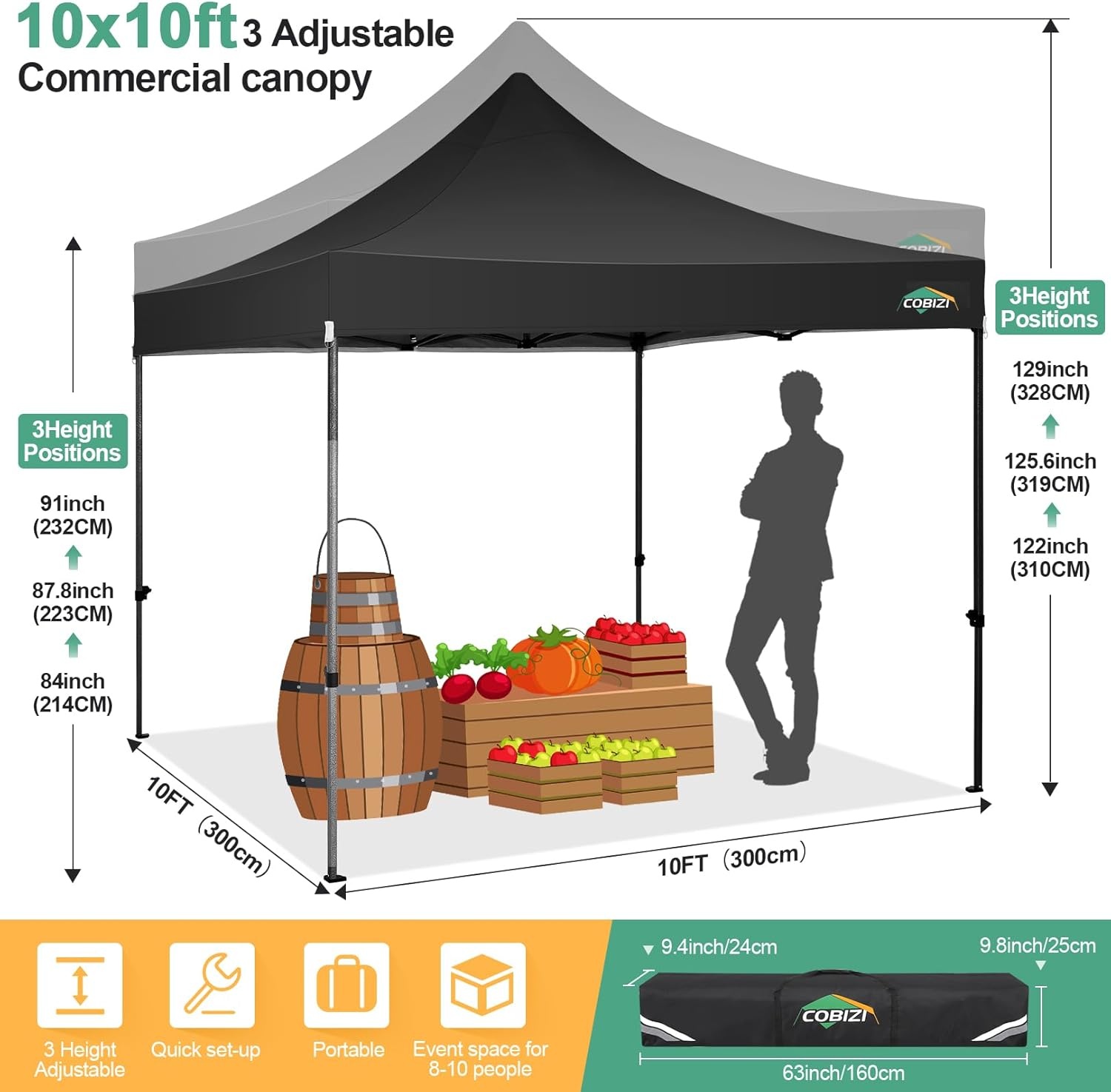 image:imageCOBIZI 66x66ft Pop Up Canopy Tent Heavy Duty Canopy Easy Set up Waterproof Outdoor Canopy Tent for Parties Beach Garden Camping with 1 Handbag 3 Adjustable Heights UPF50 Mist WhiteBlack