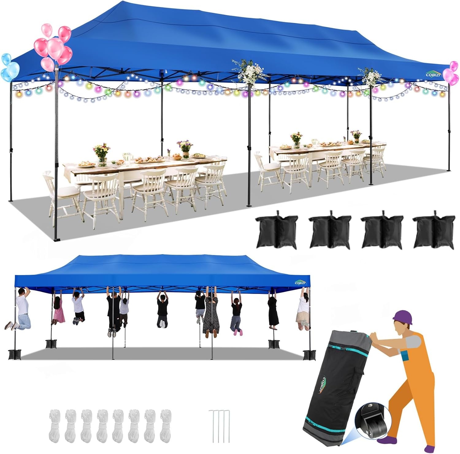 image:imageCOBIZI 66x66ft Pop Up Canopy Tent Heavy Duty Canopy Easy Set up Waterproof Outdoor Canopy Tent for Parties Beach Garden Camping with 1 Handbag 3 Adjustable Heights UPF50 Mist WhiteBlue