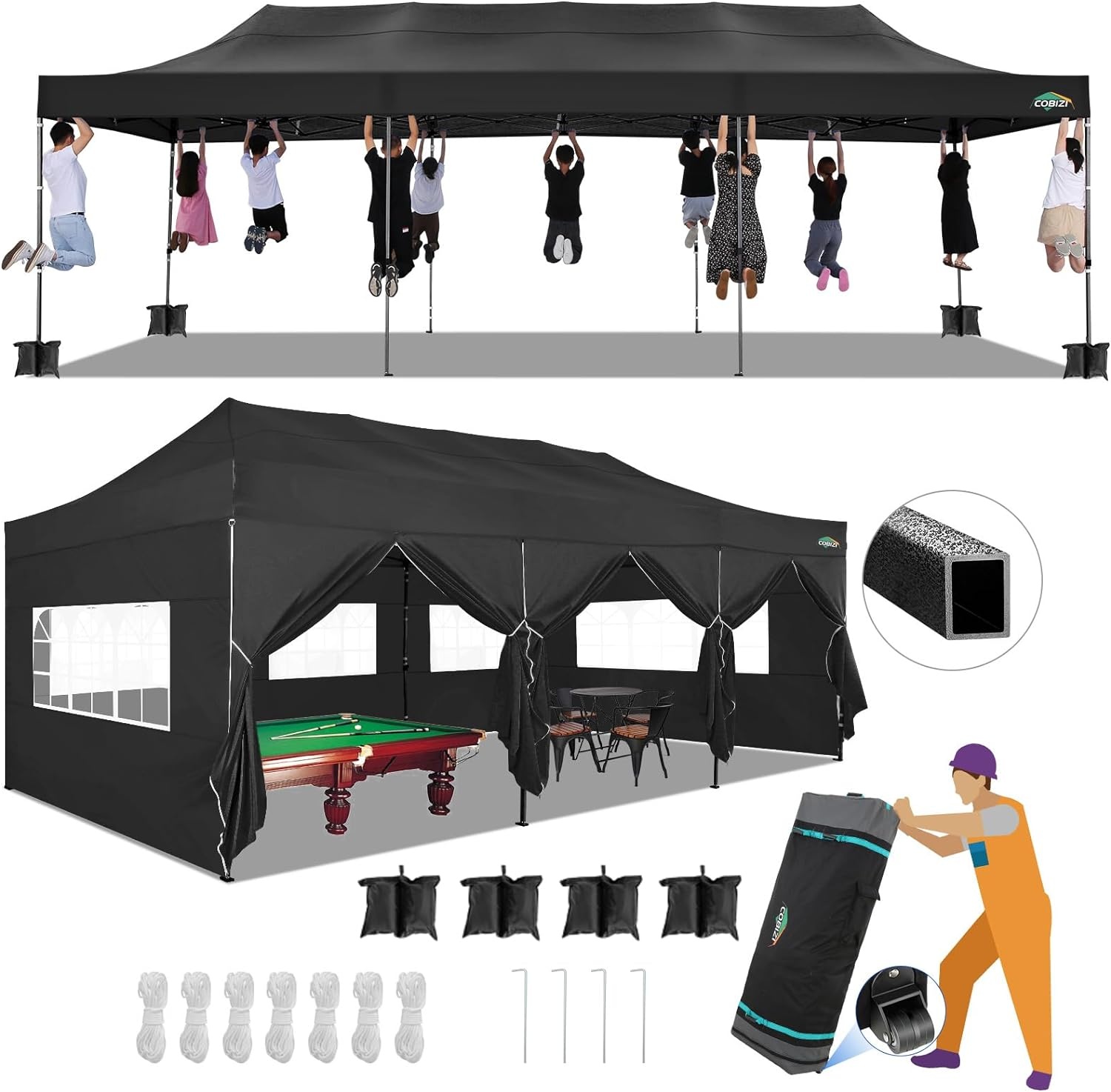 image:imageCOBIZI 66x66ft Pop Up Canopy Tent Heavy Duty Canopy Easy Set up Waterproof Outdoor Canopy Tent for Parties Beach Garden Camping with 1 Handbag 3 Adjustable Heights UPF50 Mist WhiteCoffee Black