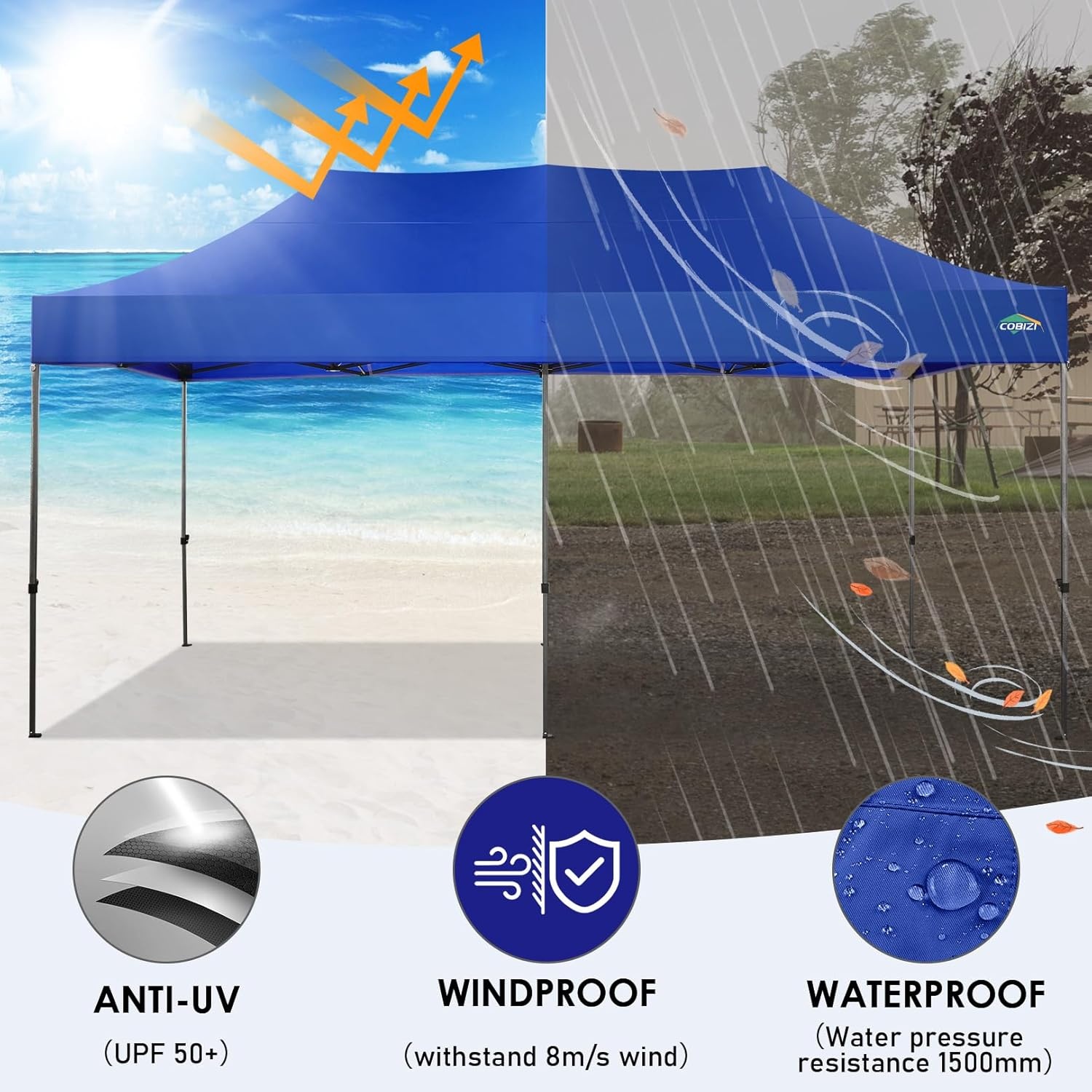 image:imageCOBIZI 66x66ft Pop Up Canopy Tent Heavy Duty Canopy Easy Set up Waterproof Outdoor Canopy Tent for Parties Beach Garden Camping with 1 Handbag 3 Adjustable Heights UPF50 Mist WhiteDark Blue