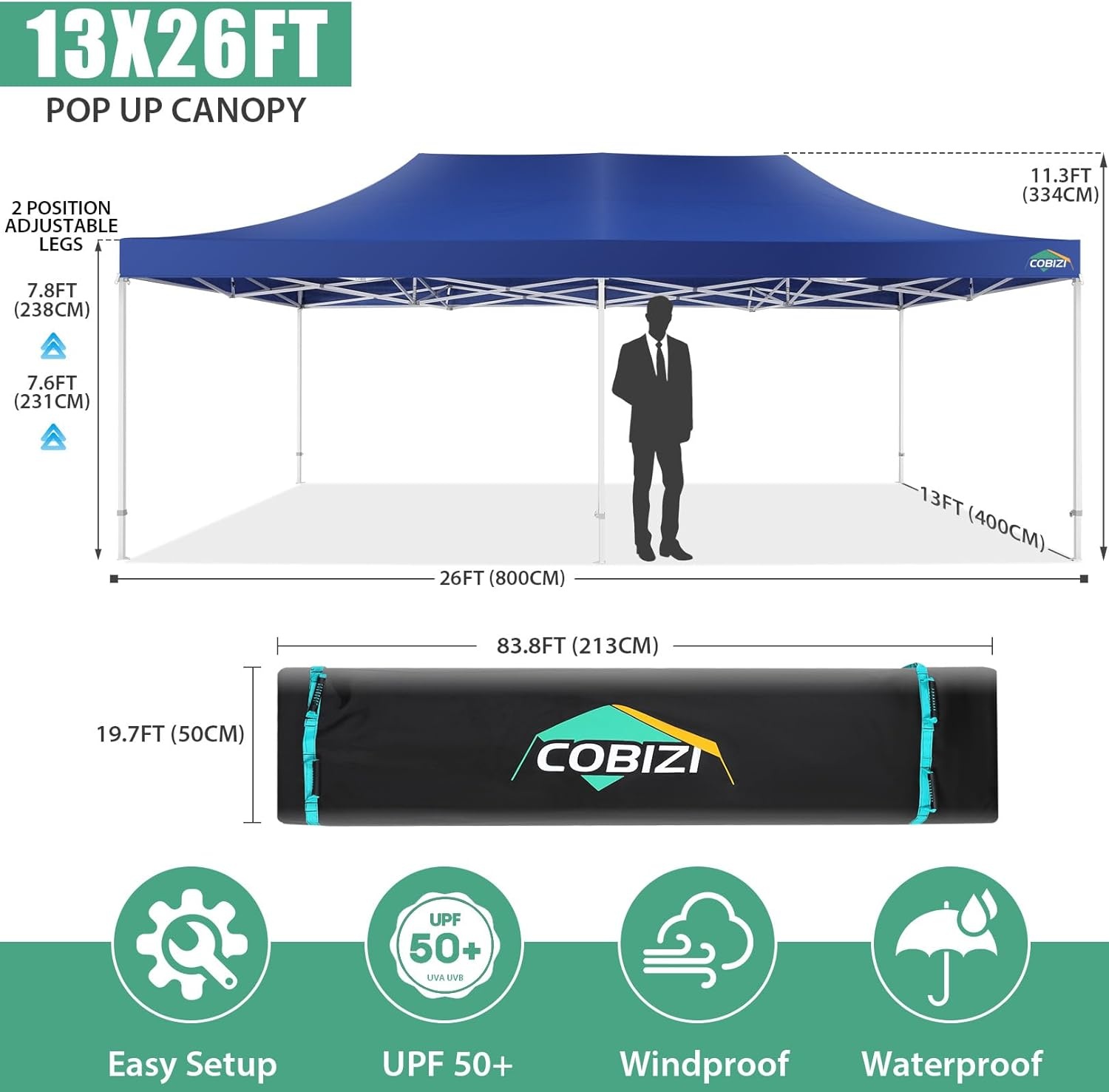 image:imageCOBIZI 66x66ft Pop Up Canopy Tent Heavy Duty Canopy Easy Set up Waterproof Outdoor Canopy Tent for Parties Beach Garden Camping with 1 Handbag 3 Adjustable Heights UPF50 Mist WhiteDark Blue