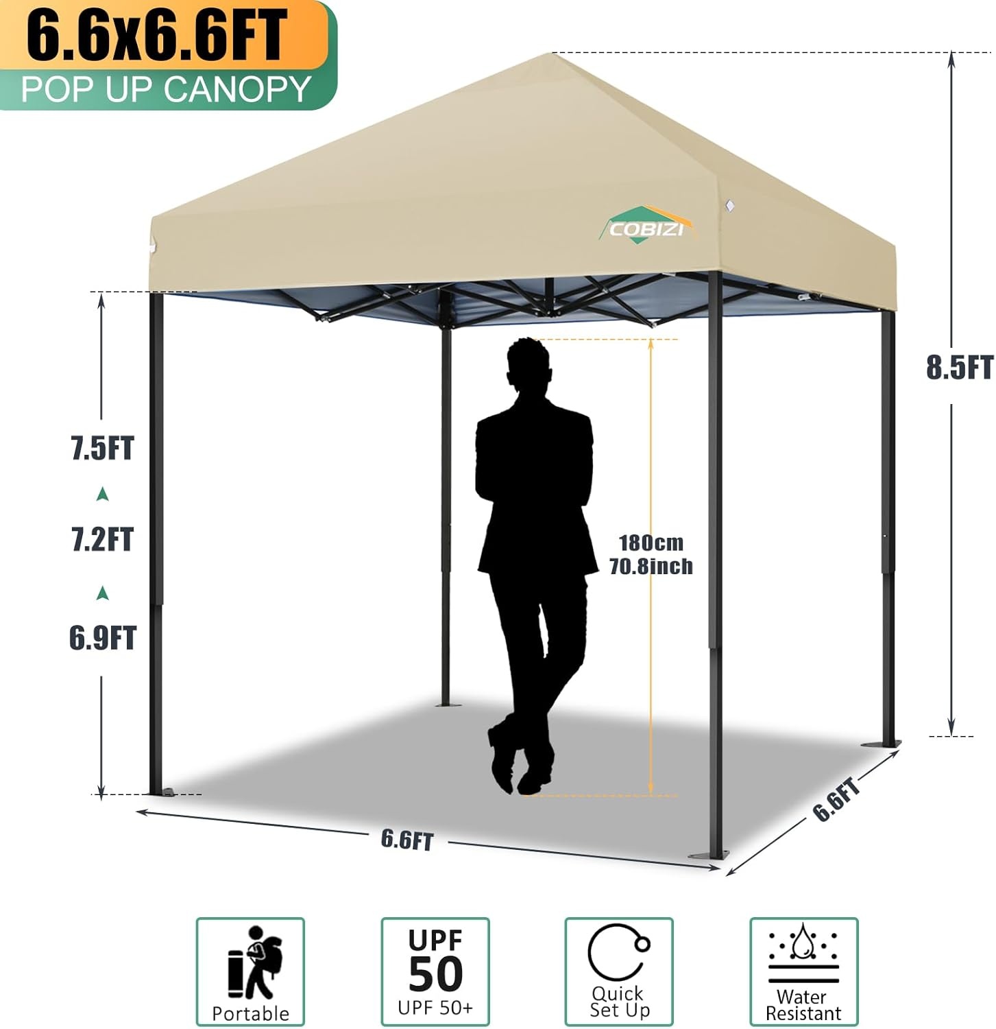image:imageCOBIZI 66x66ft Pop Up Canopy Tent Heavy Duty Canopy Easy Set up Waterproof Outdoor Canopy Tent for Parties Beach Garden Camping with 1 Handbag 3 Adjustable Heights UPF50 Mist WhiteKhaki