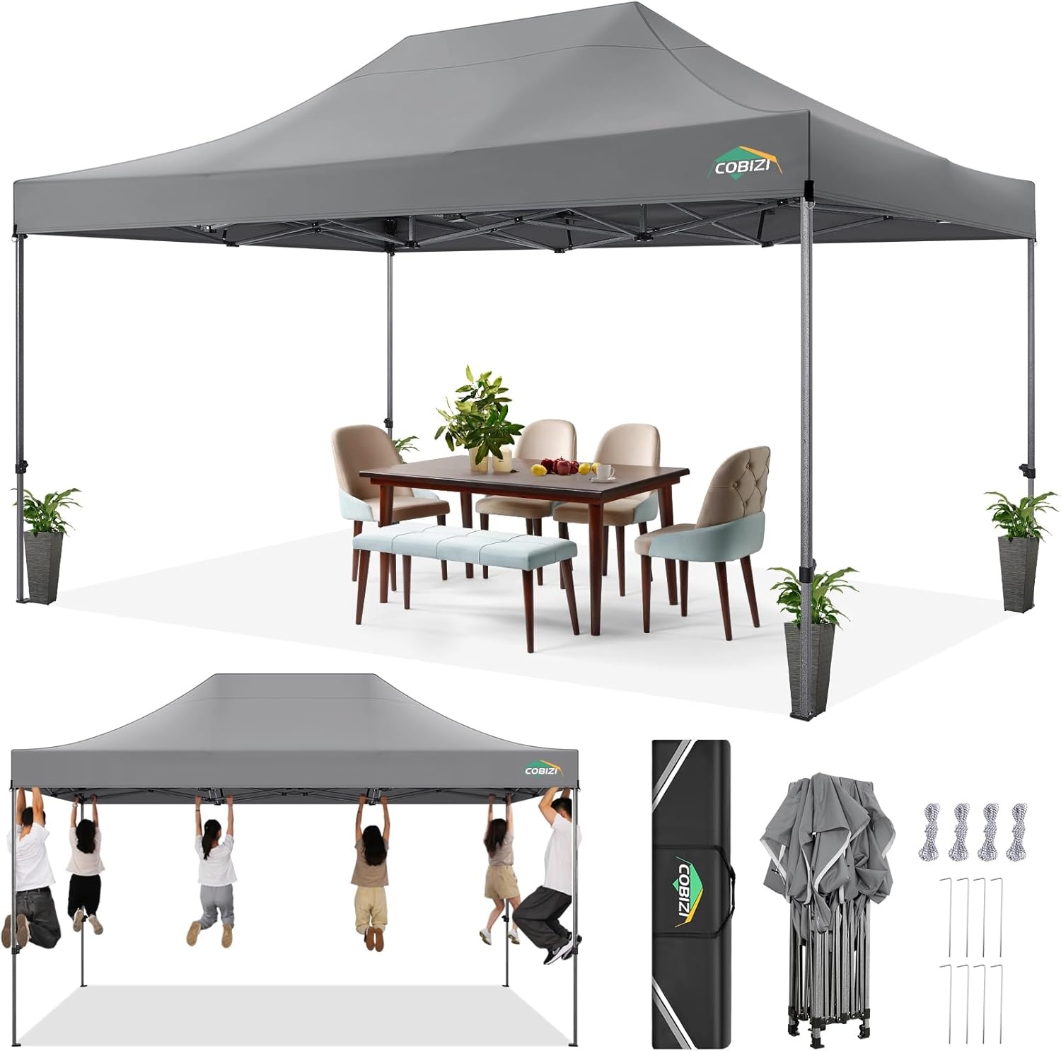 image:imageCOBIZI 66x66ft Pop Up Canopy Tent Heavy Duty Canopy Easy Set up Waterproof Outdoor Canopy Tent for Parties Beach Garden Camping with 1 Handbag 3 Adjustable Heights UPF50 Mist WhiteGray