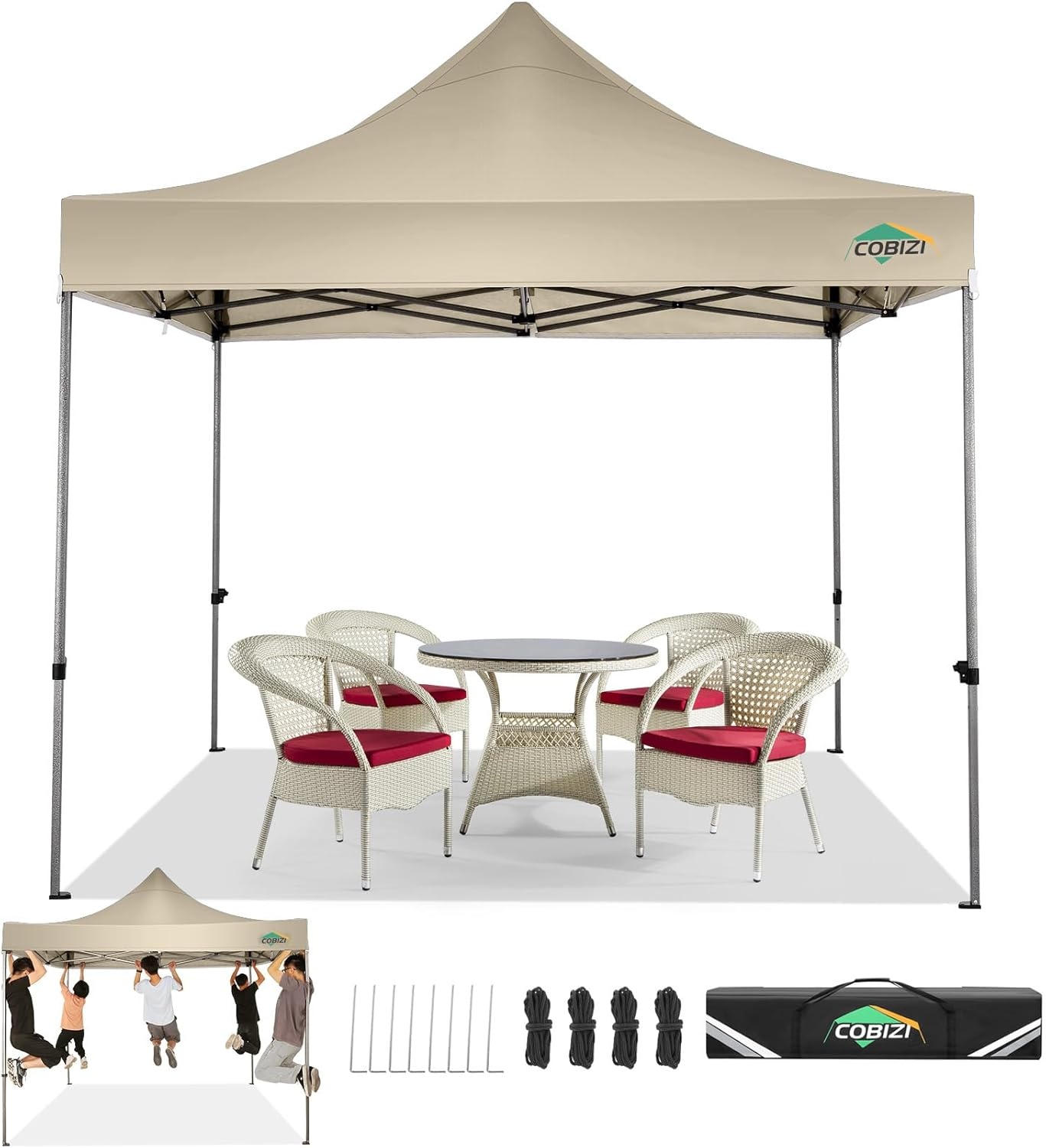 image:imageCOBIZI 66x66ft Pop Up Canopy Tent Heavy Duty Canopy Easy Set up Waterproof Outdoor Canopy Tent for Parties Beach Garden Camping with 1 Handbag 3 Adjustable Heights UPF50 Mist WhiteKhaki