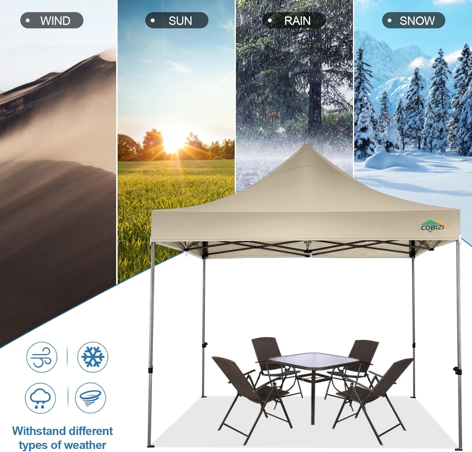 image:imageCOBIZI 66x66ft Pop Up Canopy Tent Heavy Duty Canopy Easy Set up Waterproof Outdoor Canopy Tent for Parties Beach Garden Camping with 1 Handbag 3 Adjustable Heights UPF50 Mist WhiteKhaki