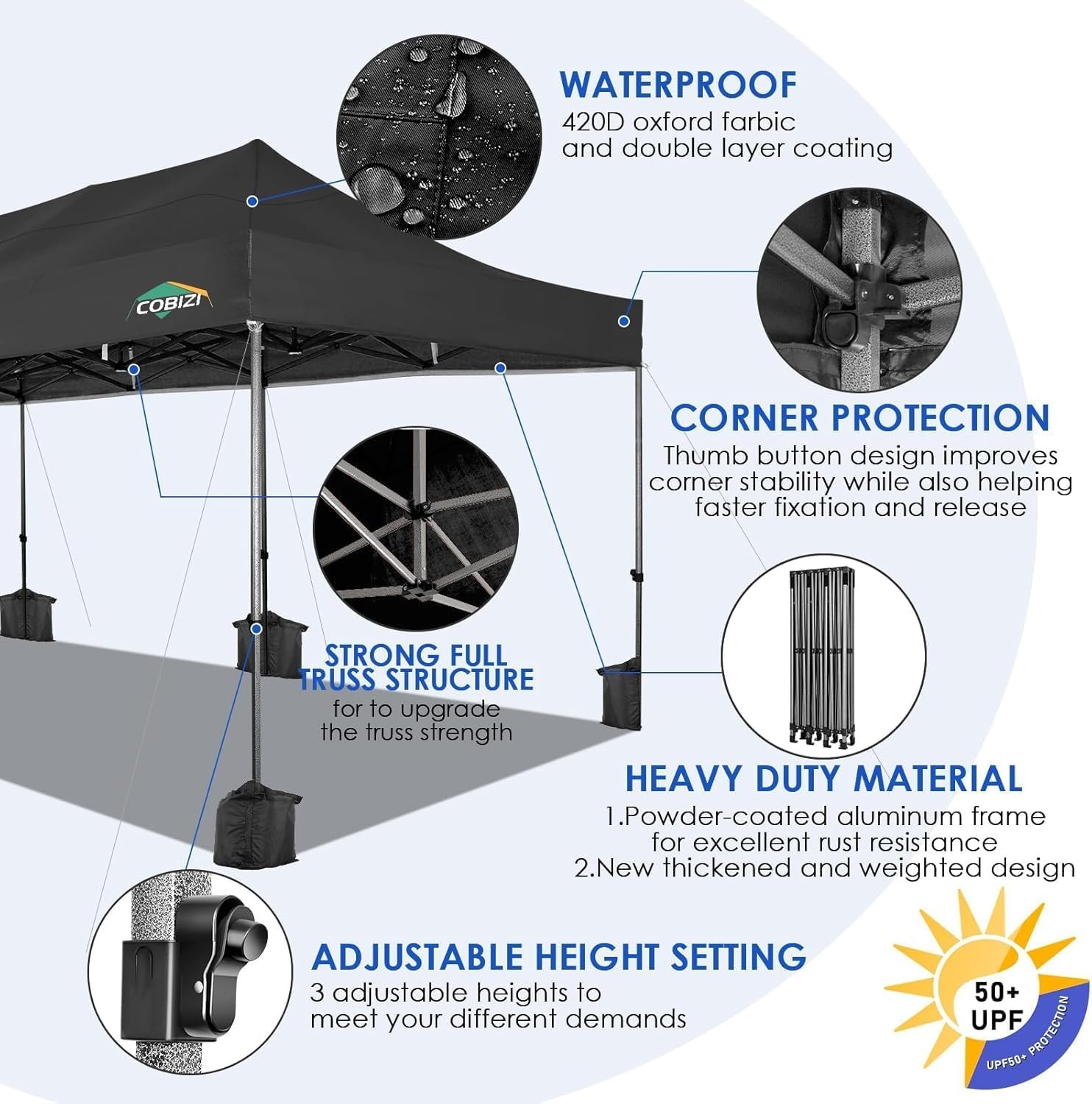 image:imageCOBIZI 66x66ft Pop Up Canopy Tent Heavy Duty Canopy Easy Set up Waterproof Outdoor Canopy Tent for Parties Beach Garden Camping with 1 Handbag 3 Adjustable Heights UPF50 Mist WhiteBlack