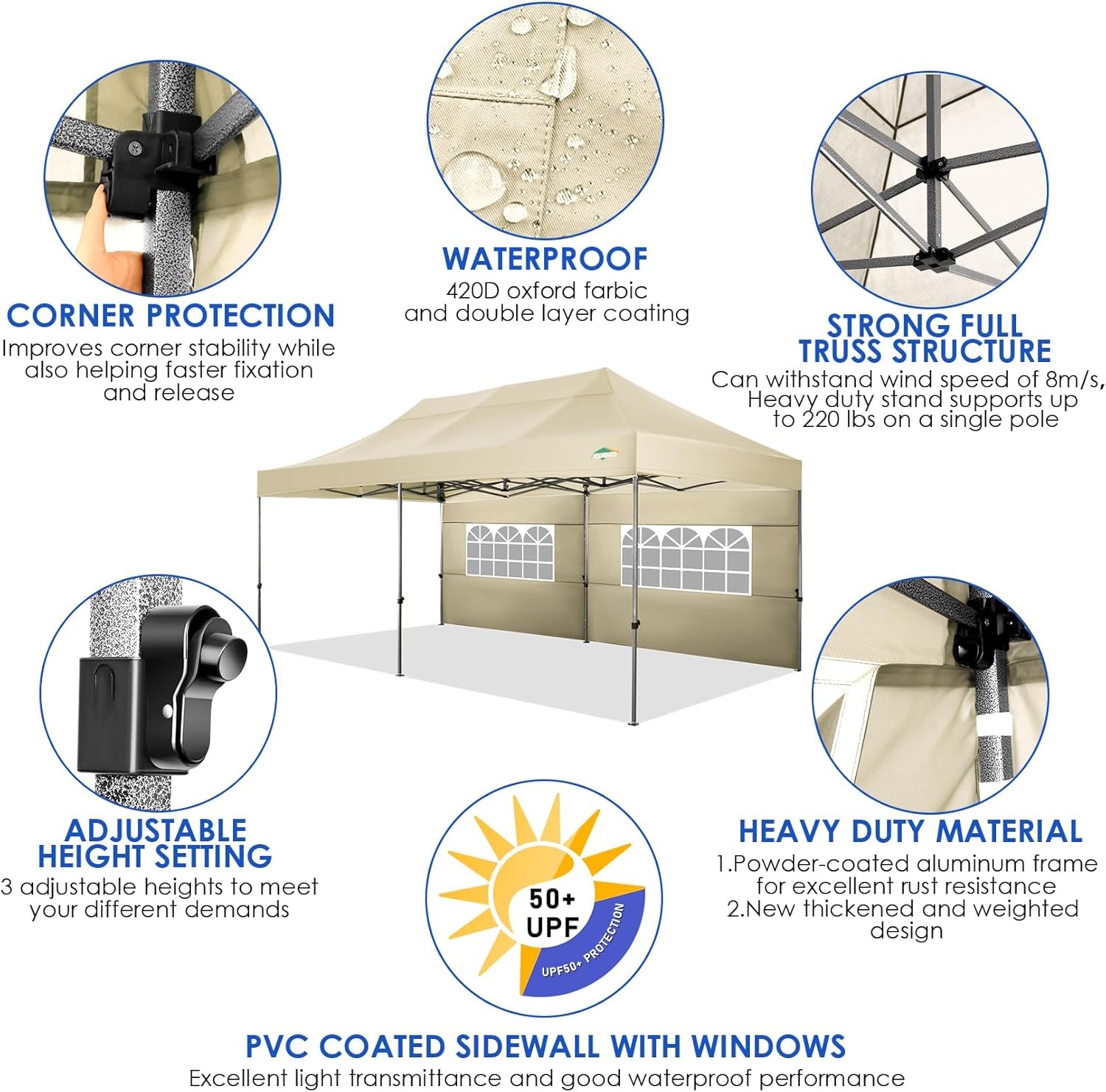 image:imageCOBIZI 66x66ft Pop Up Canopy Tent Heavy Duty Canopy Easy Set up Waterproof Outdoor Canopy Tent for Parties Beach Garden Camping with 1 Handbag 3 Adjustable Heights UPF50 Mist WhiteKhaki