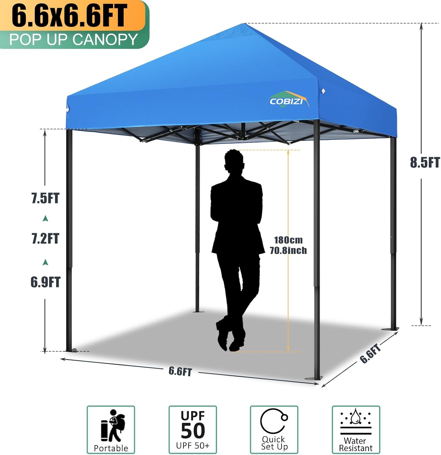 image:imageCOBIZI 66x66ft Pop Up Canopy Tent Heavy Duty Canopy Easy Set up Waterproof Outdoor Canopy Tent for Parties Beach Garden Camping with 1 Handbag 3 Adjustable Heights UPF50 Mist WhiteBlue