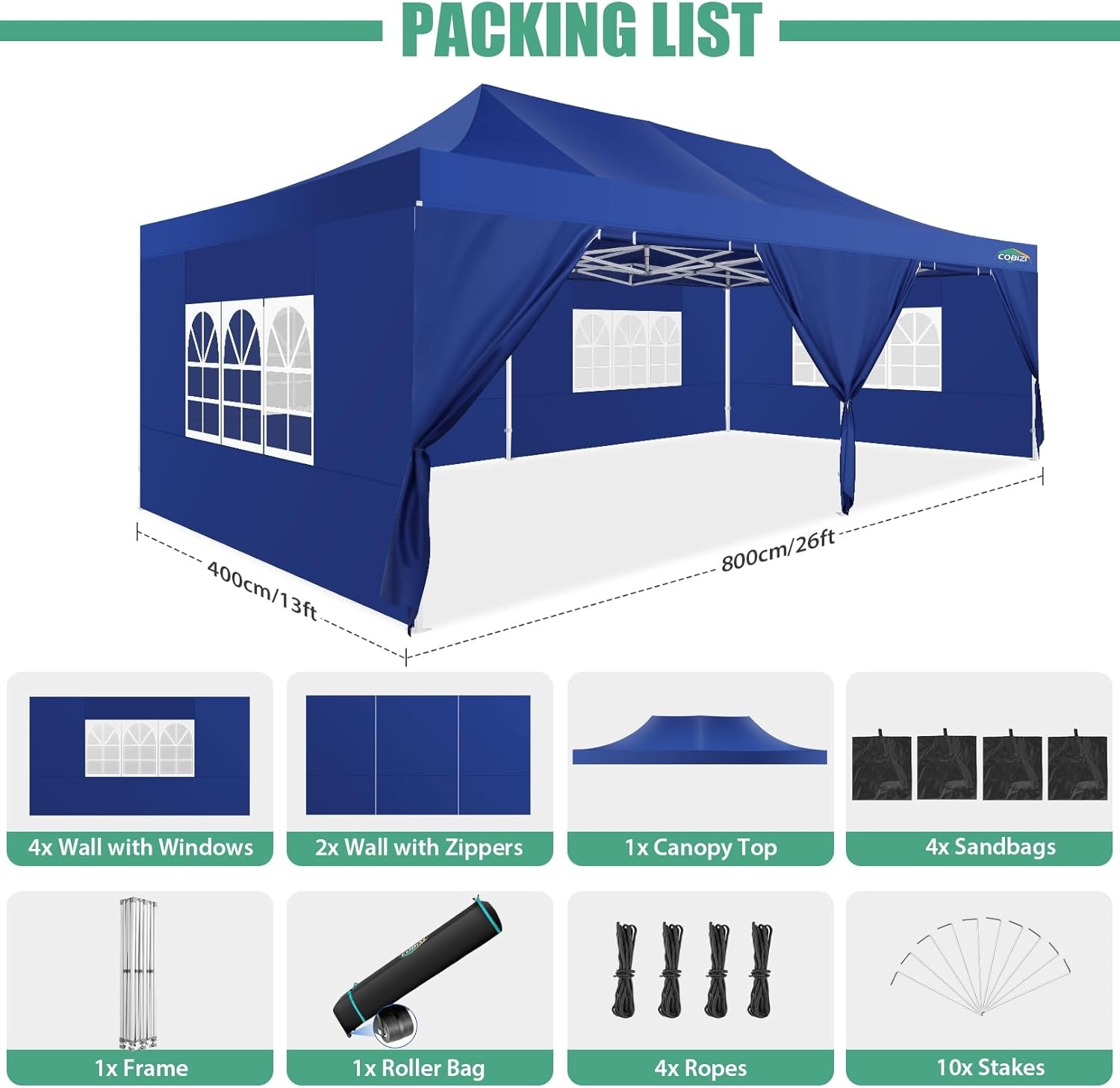 image:imageCOBIZI 66x66ft Pop Up Canopy Tent Heavy Duty Canopy Easy Set up Waterproof Outdoor Canopy Tent for Parties Beach Garden Camping with 1 Handbag 3 Adjustable Heights UPF50 Mist WhiteDark Blue