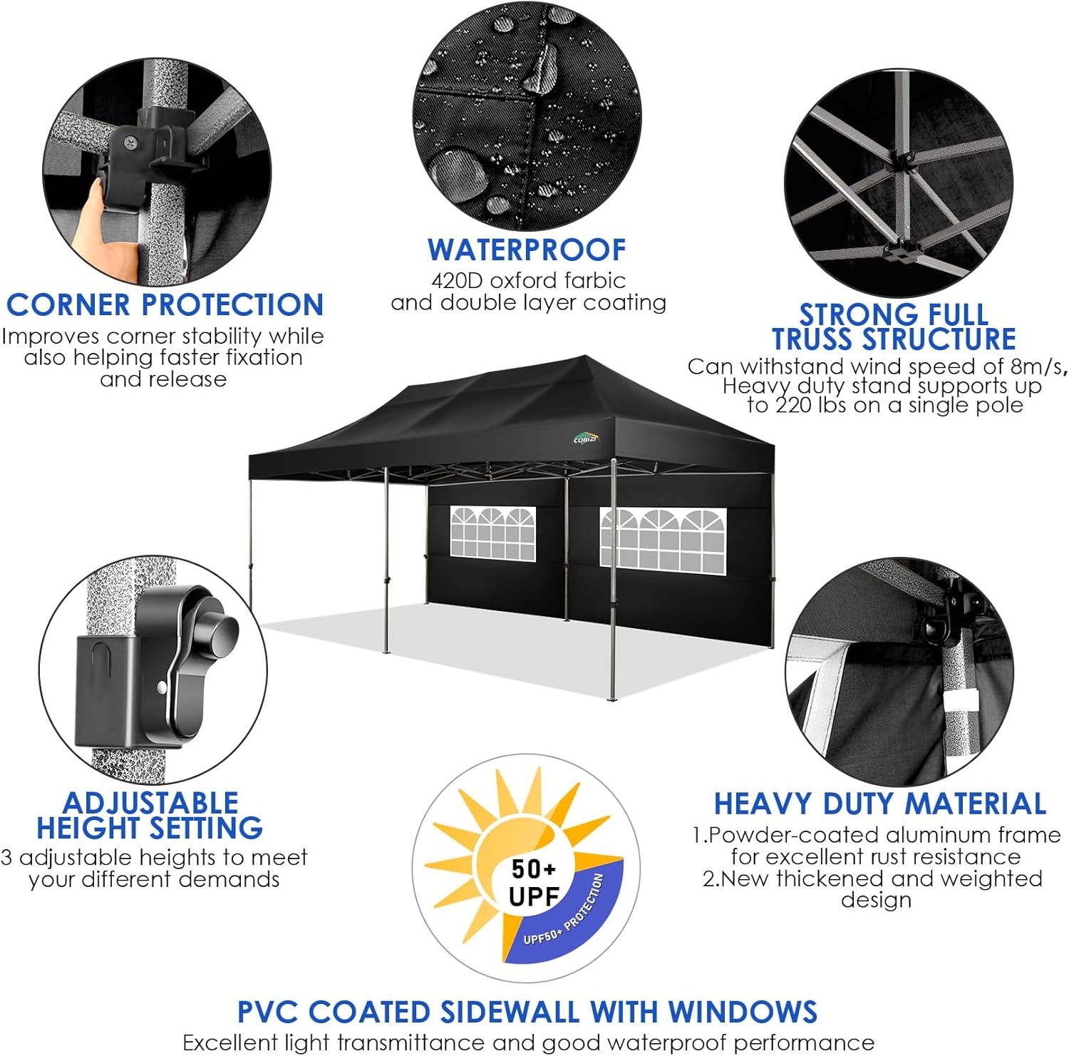 image:imageCOBIZI 66x66ft Pop Up Canopy Tent Heavy Duty Canopy Easy Set up Waterproof Outdoor Canopy Tent for Parties Beach Garden Camping with 1 Handbag 3 Adjustable Heights UPF50 Mist WhiteBlack