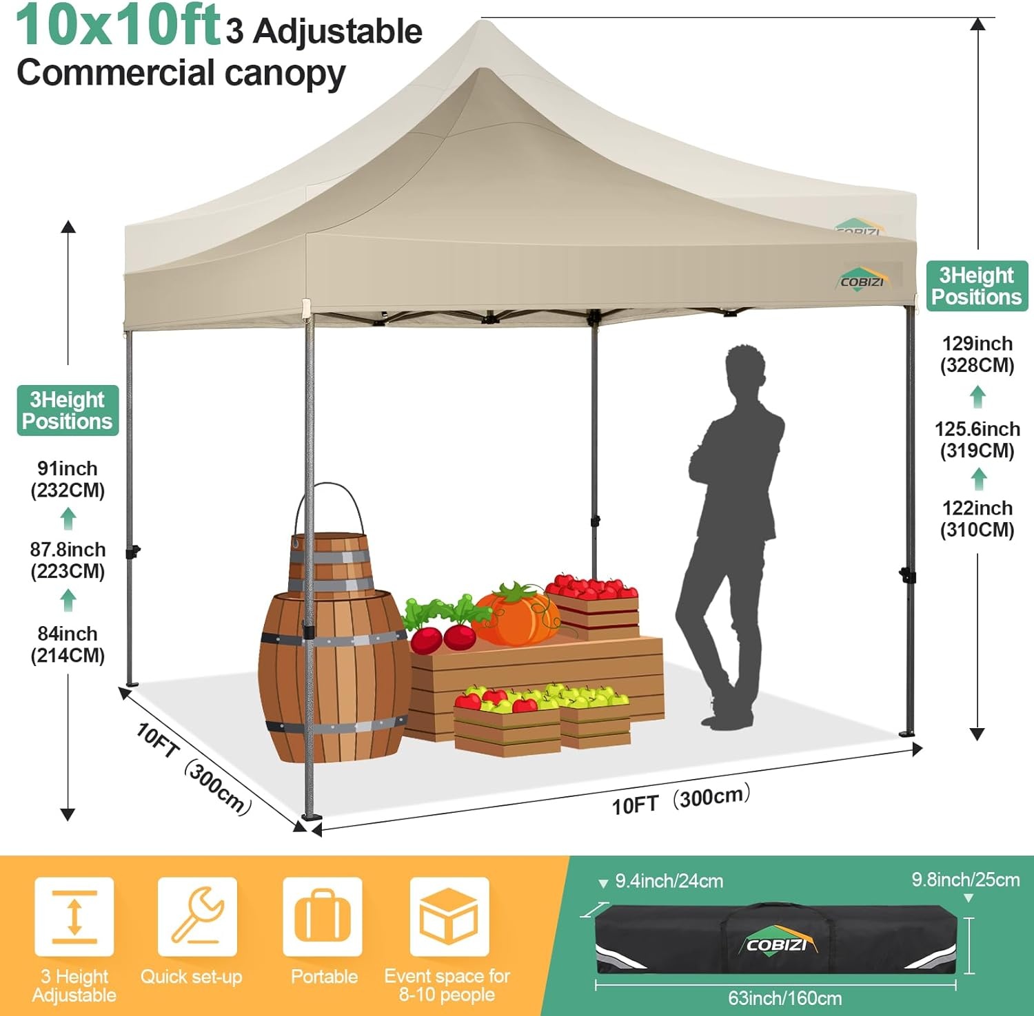 image:imageCOBIZI 66x66ft Pop Up Canopy Tent Heavy Duty Canopy Easy Set up Waterproof Outdoor Canopy Tent for Parties Beach Garden Camping with 1 Handbag 3 Adjustable Heights UPF50 Mist WhiteKhaki