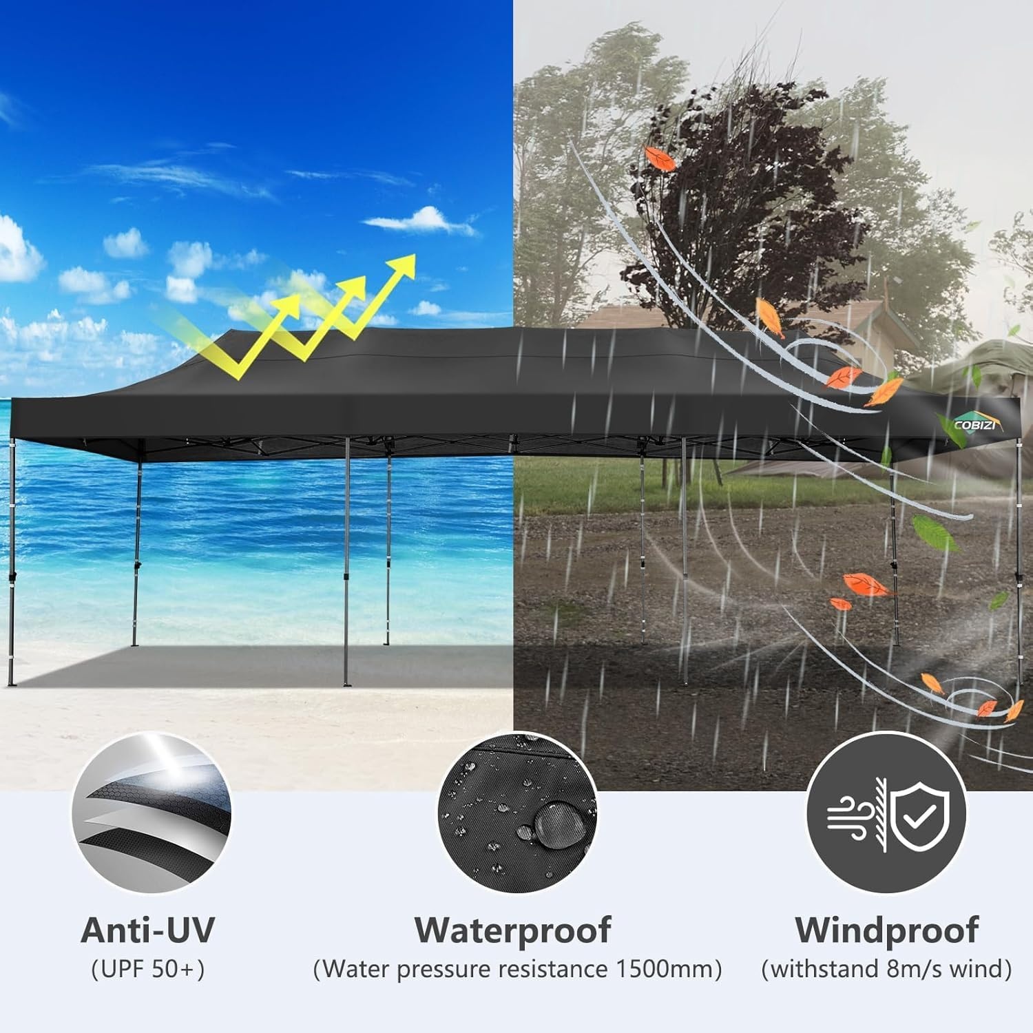 image:imageCOBIZI 66x66ft Pop Up Canopy Tent Heavy Duty Canopy Easy Set up Waterproof Outdoor Canopy Tent for Parties Beach Garden Camping with 1 Handbag 3 Adjustable Heights UPF50 Mist WhiteBlack