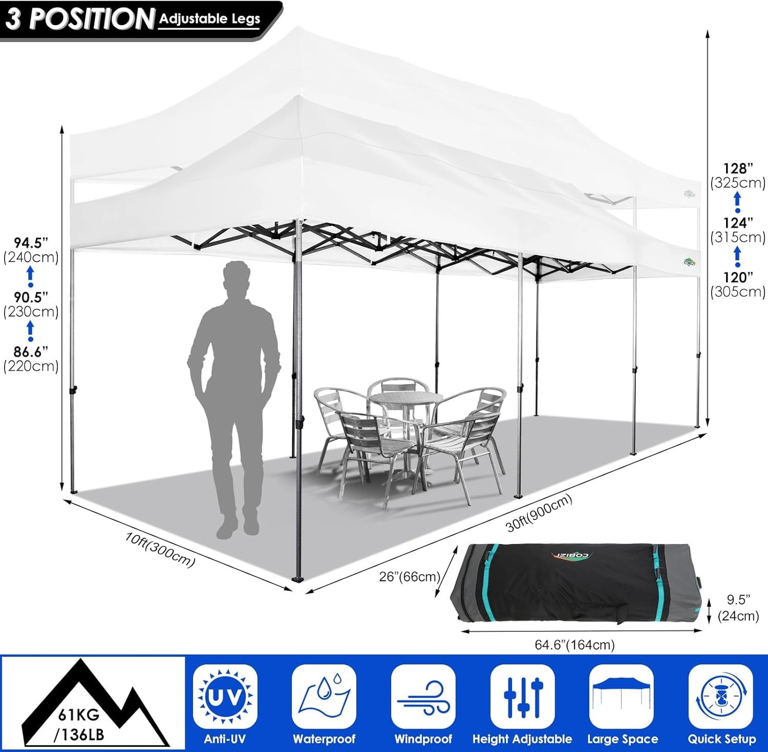 image:imageCOBIZI 66x66ft Pop Up Canopy Tent Heavy Duty Canopy Easy Set up Waterproof Outdoor Canopy Tent for Parties Beach Garden Camping with 1 Handbag 3 Adjustable Heights UPF50 Mist WhiteWhite