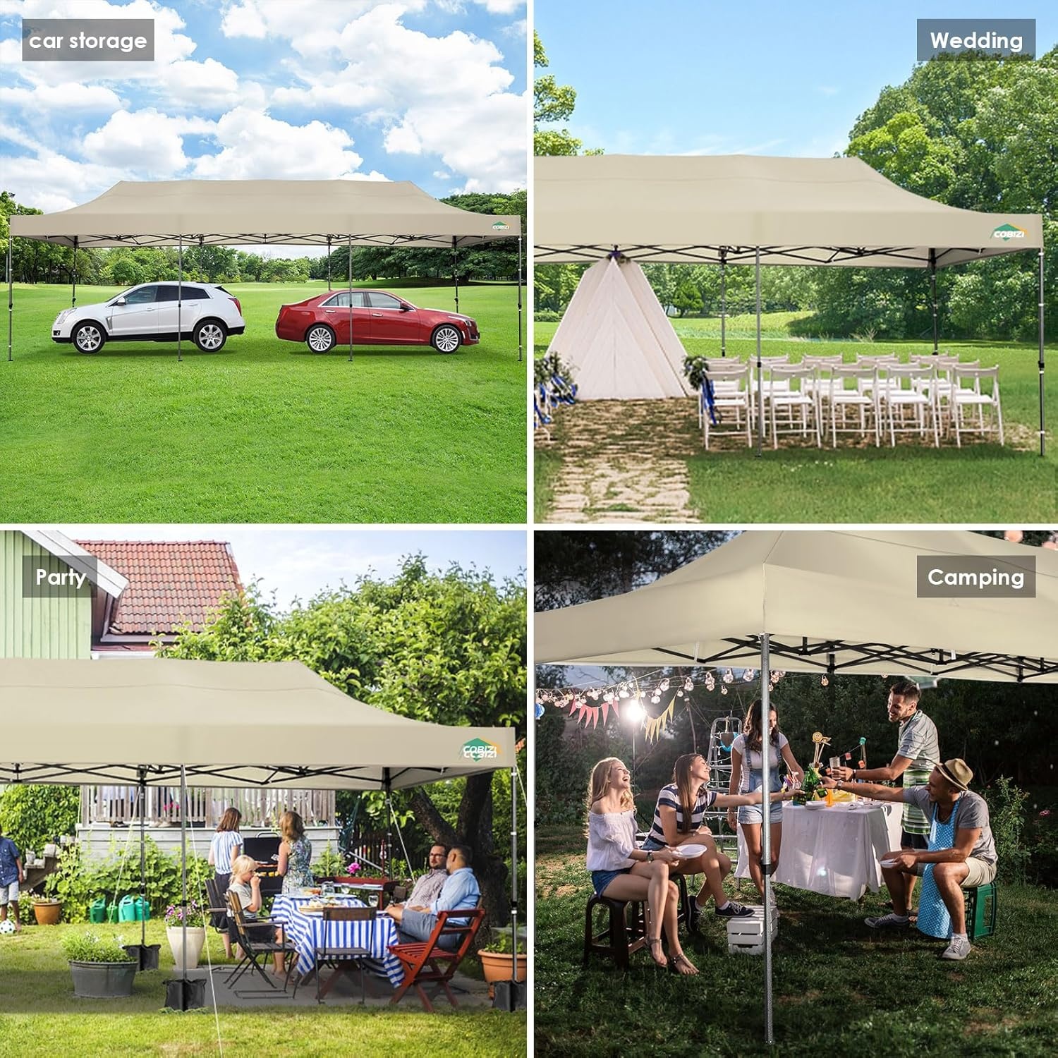 image:imageCOBIZI 66x66ft Pop Up Canopy Tent Heavy Duty Canopy Easy Set up Waterproof Outdoor Canopy Tent for Parties Beach Garden Camping with 1 Handbag 3 Adjustable Heights UPF50 Mist WhiteBeige