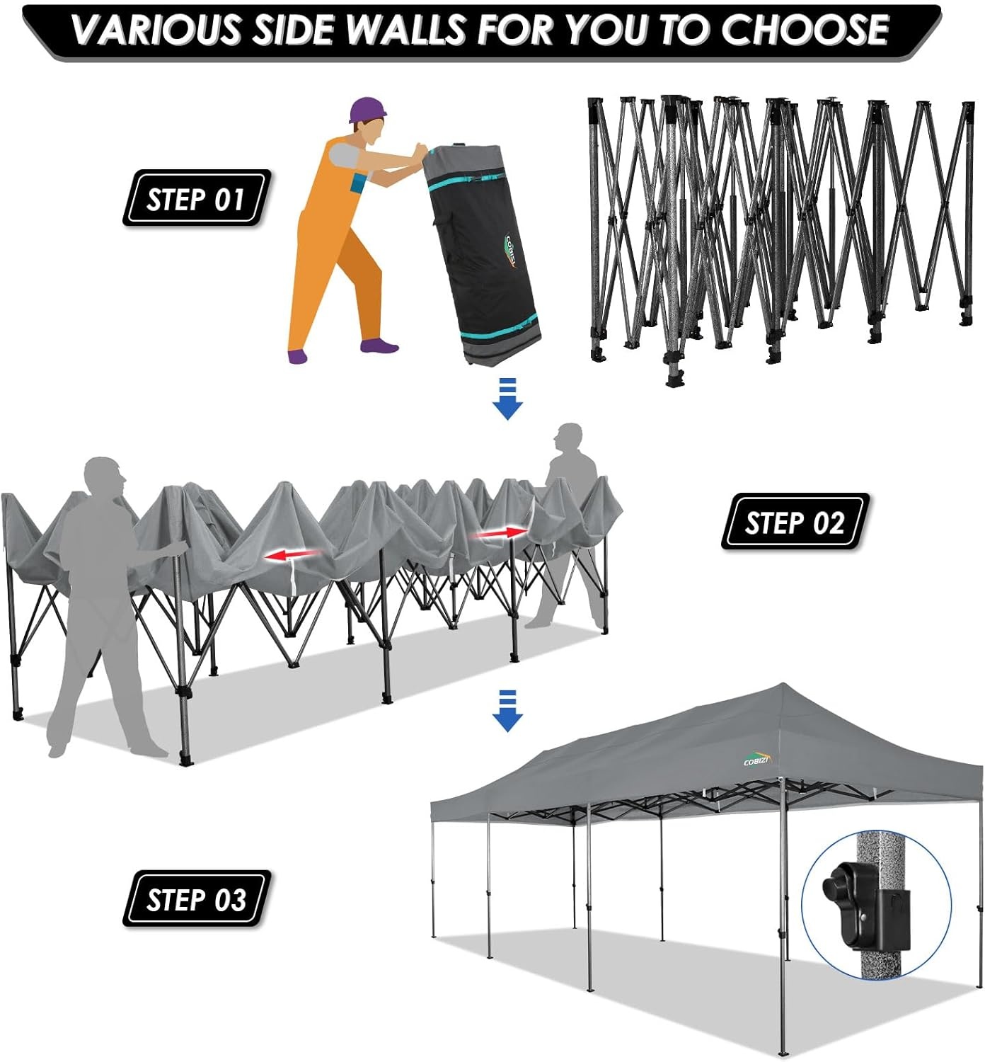 image:imageCOBIZI 66x66ft Pop Up Canopy Tent Heavy Duty Canopy Easy Set up Waterproof Outdoor Canopy Tent for Parties Beach Garden Camping with 1 Handbag 3 Adjustable Heights UPF50 Mist WhiteGray