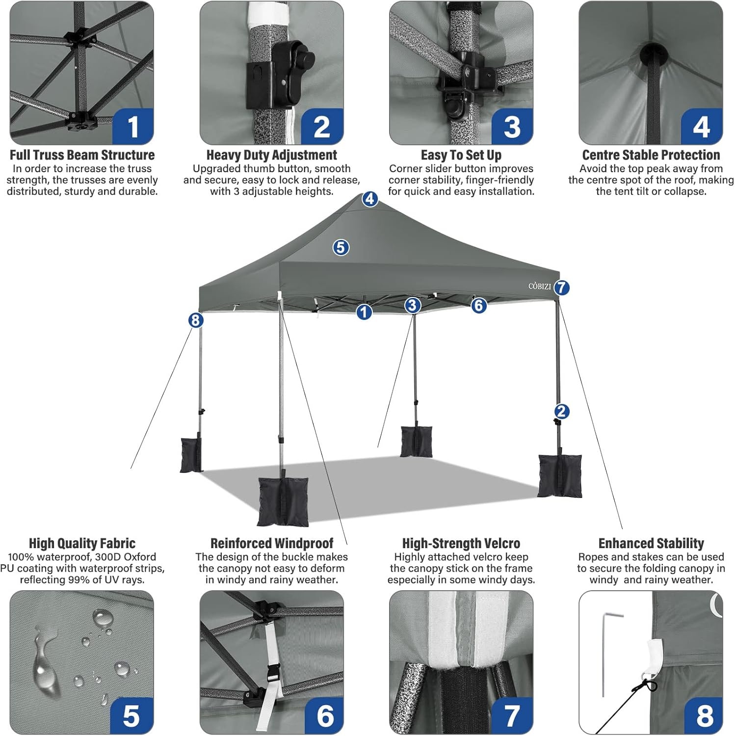 image:imageCOBIZI 66x66ft Pop Up Canopy Tent Heavy Duty Canopy Easy Set up Waterproof Outdoor Canopy Tent for Parties Beach Garden Camping with 1 Handbag 3 Adjustable Heights UPF50 Mist WhiteGray