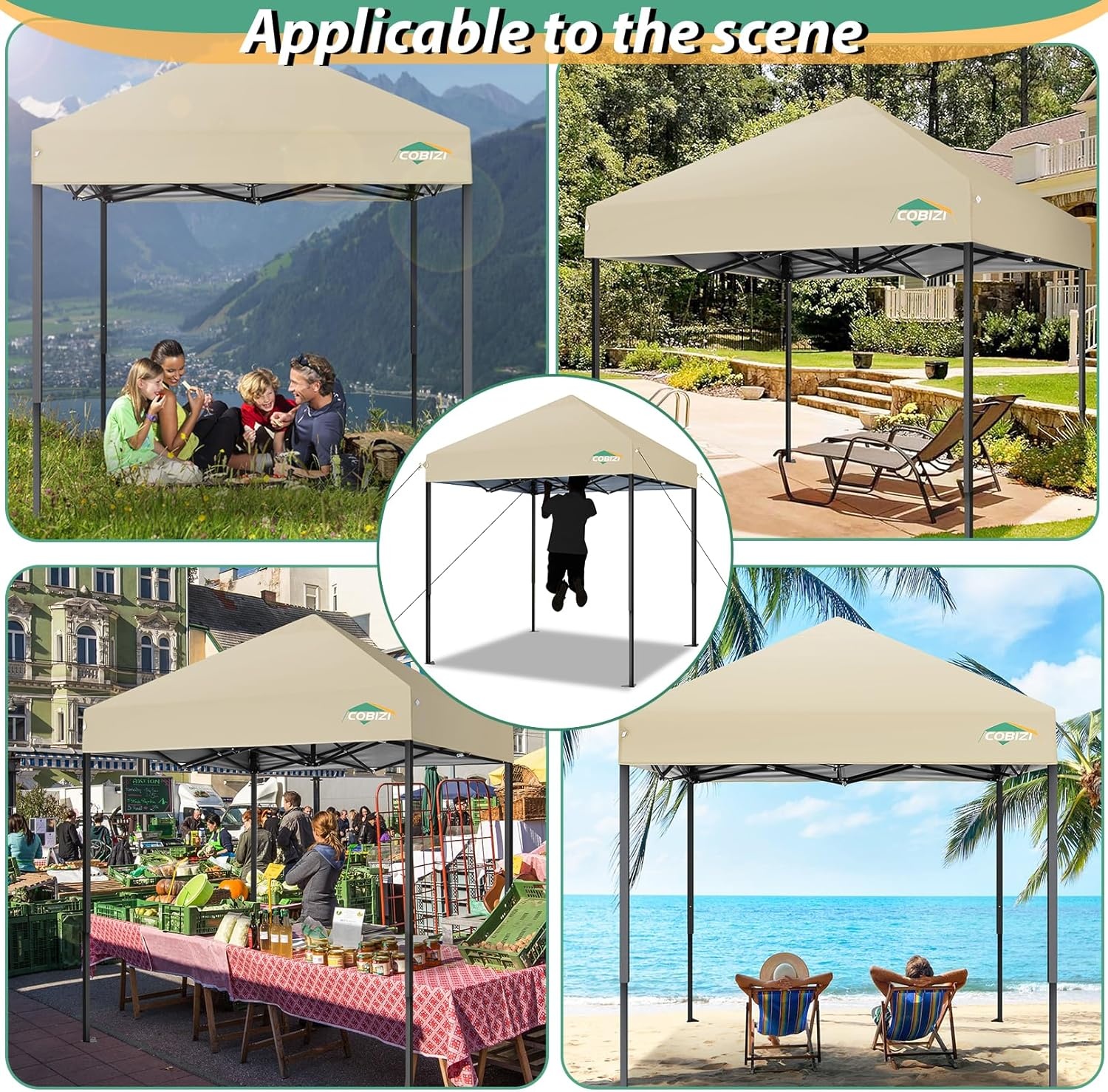 image:imageCOBIZI 66x66ft Pop Up Canopy Tent Heavy Duty Canopy Easy Set up Waterproof Outdoor Canopy Tent for Parties Beach Garden Camping with 1 Handbag 3 Adjustable Heights UPF50 Mist WhiteKhaki