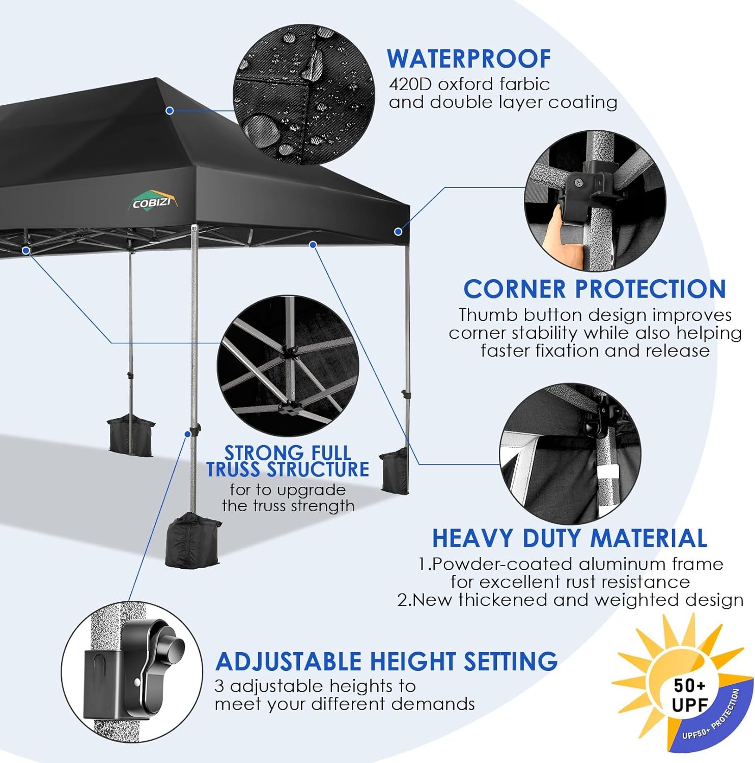image:imageCOBIZI 66x66ft Pop Up Canopy Tent Heavy Duty Canopy Easy Set up Waterproof Outdoor Canopy Tent for Parties Beach Garden Camping with 1 Handbag 3 Adjustable Heights UPF50 Mist WhiteBlack