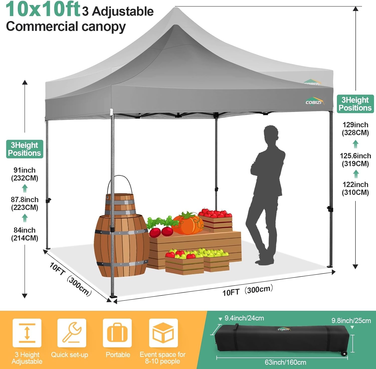 image:imageCOBIZI 66x66ft Pop Up Canopy Tent Heavy Duty Canopy Easy Set up Waterproof Outdoor Canopy Tent for Parties Beach Garden Camping with 1 Handbag 3 Adjustable Heights UPF50 Mist WhiteGray
