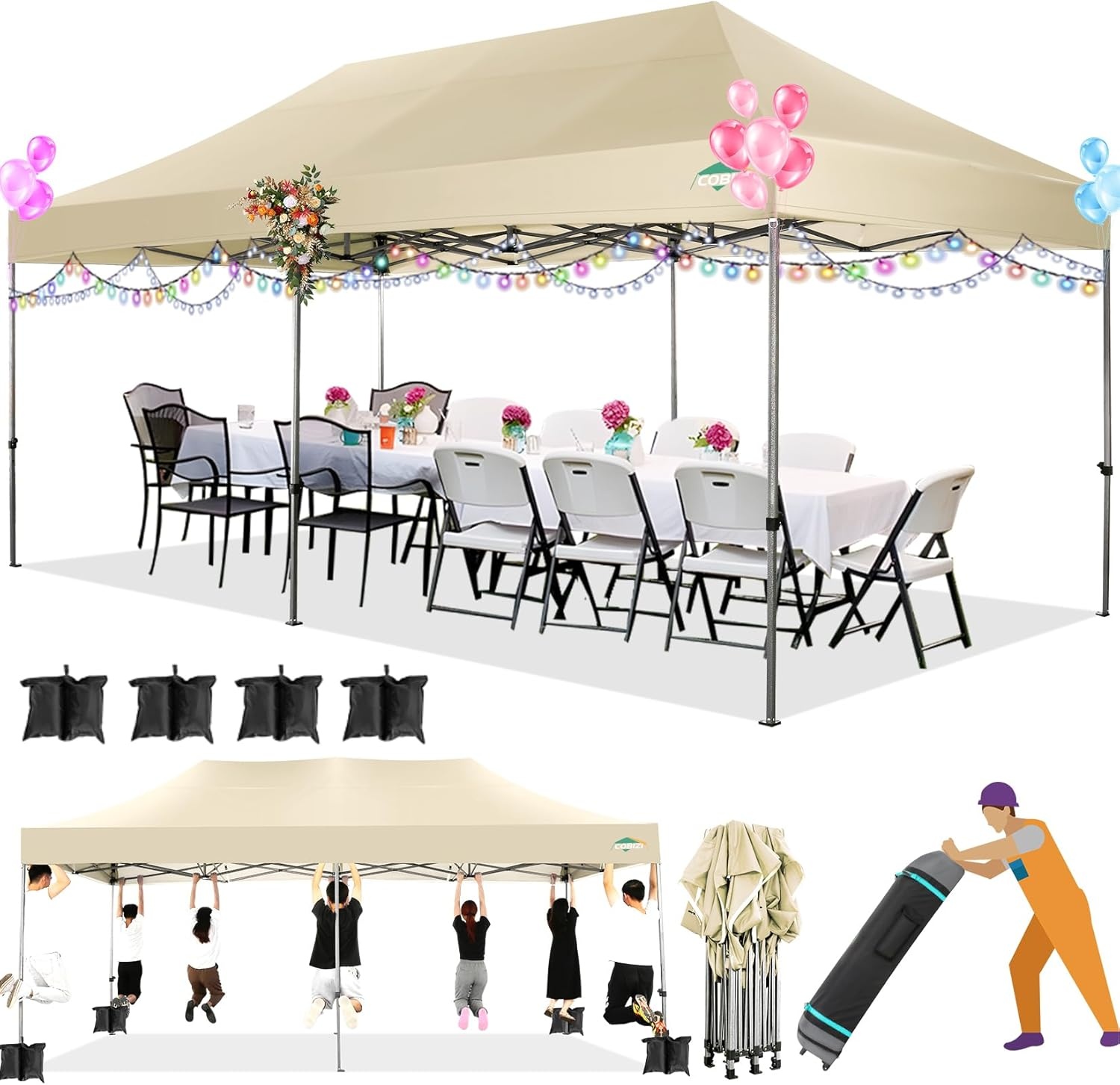 image:imageCOBIZI 66x66ft Pop Up Canopy Tent Heavy Duty Canopy Easy Set up Waterproof Outdoor Canopy Tent for Parties Beach Garden Camping with 1 Handbag 3 Adjustable Heights UPF50 Mist WhiteKhaki