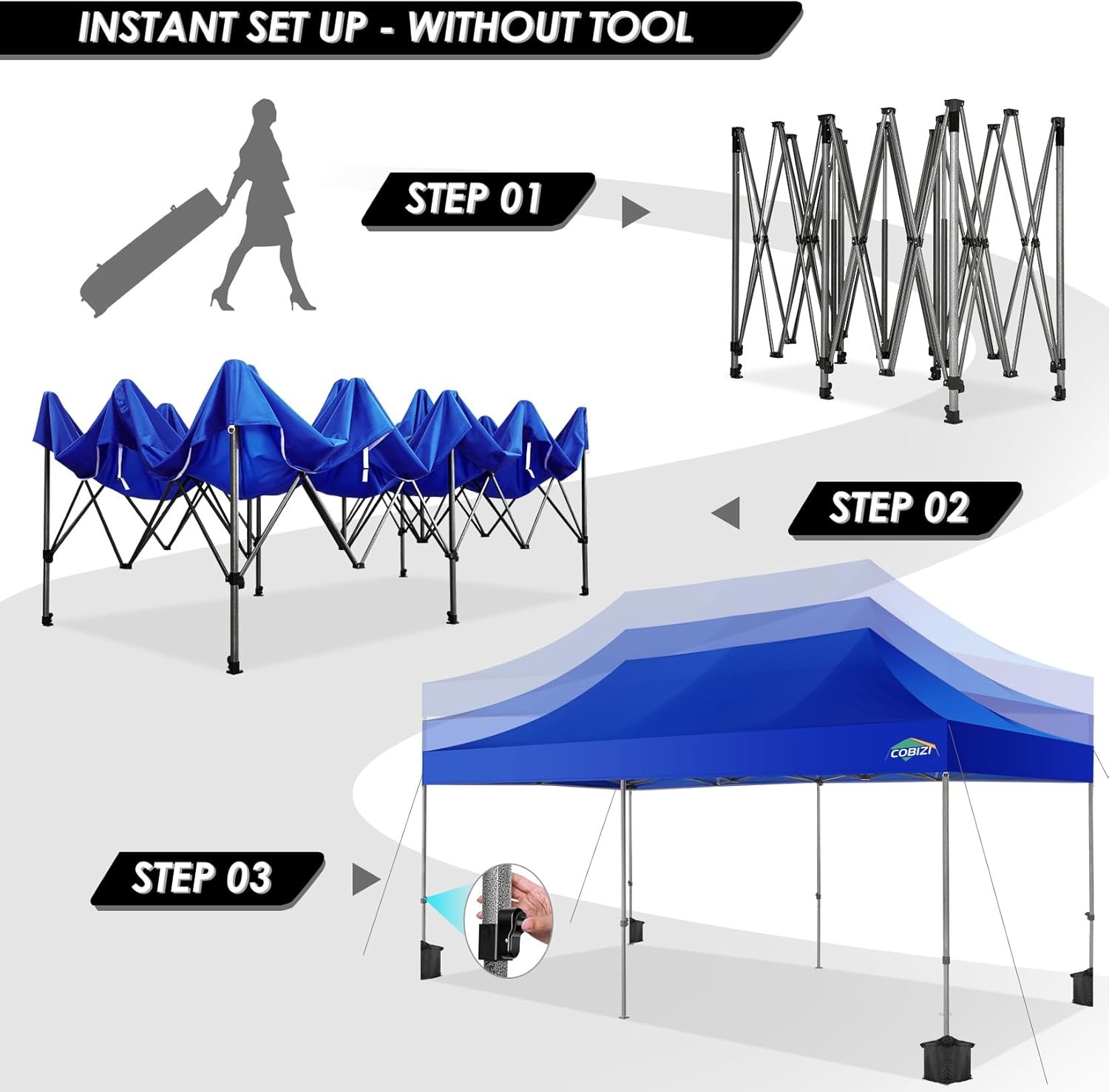 image:imageCOBIZI 66x66ft Pop Up Canopy Tent Heavy Duty Canopy Easy Set up Waterproof Outdoor Canopy Tent for Parties Beach Garden Camping with 1 Handbag 3 Adjustable Heights UPF50 Mist WhiteDark Blue