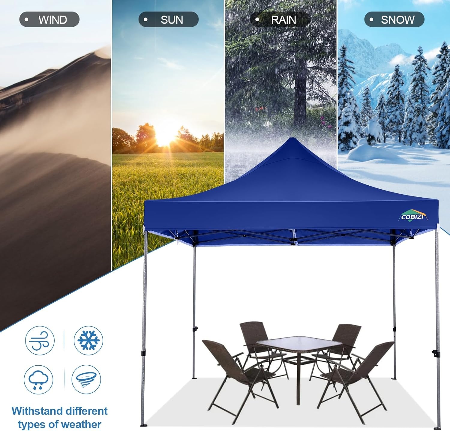 image:imageCOBIZI 66x66ft Pop Up Canopy Tent Heavy Duty Canopy Easy Set up Waterproof Outdoor Canopy Tent for Parties Beach Garden Camping with 1 Handbag 3 Adjustable Heights UPF50 Mist WhiteDark Blue