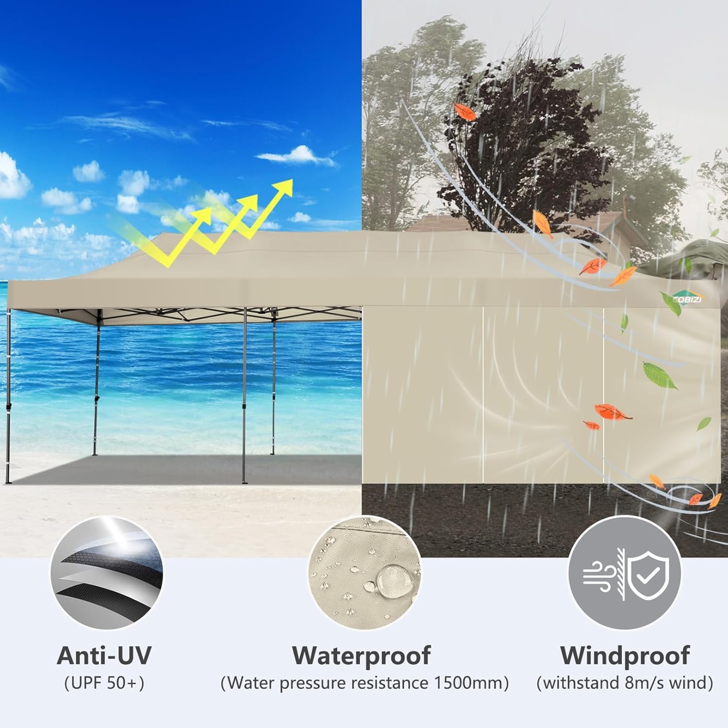 image:imageCOBIZI 66x66ft Pop Up Canopy Tent Heavy Duty Canopy Easy Set up Waterproof Outdoor Canopy Tent for Parties Beach Garden Camping with 1 Handbag 3 Adjustable Heights UPF50 Mist WhiteBeige