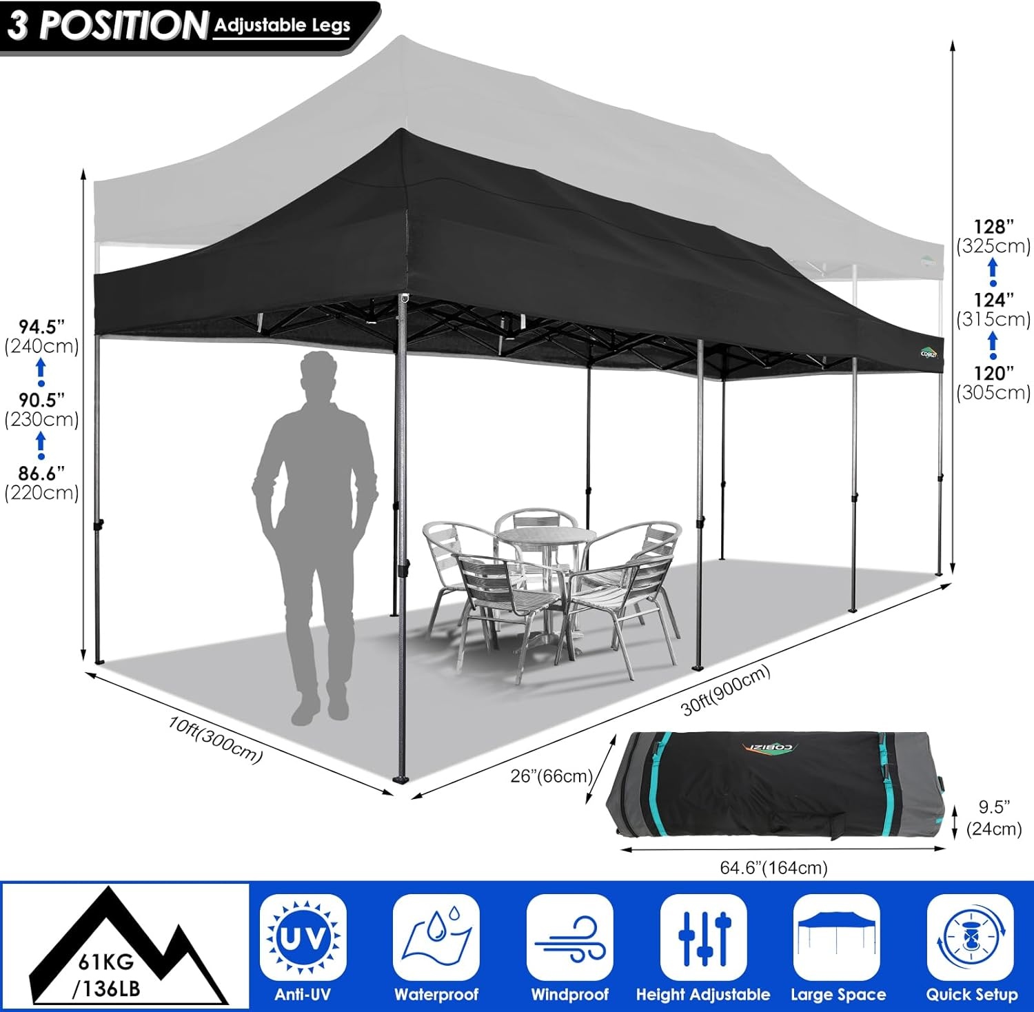 image:imageCOBIZI 66x66ft Pop Up Canopy Tent Heavy Duty Canopy Easy Set up Waterproof Outdoor Canopy Tent for Parties Beach Garden Camping with 1 Handbag 3 Adjustable Heights UPF50 Mist WhiteBlack