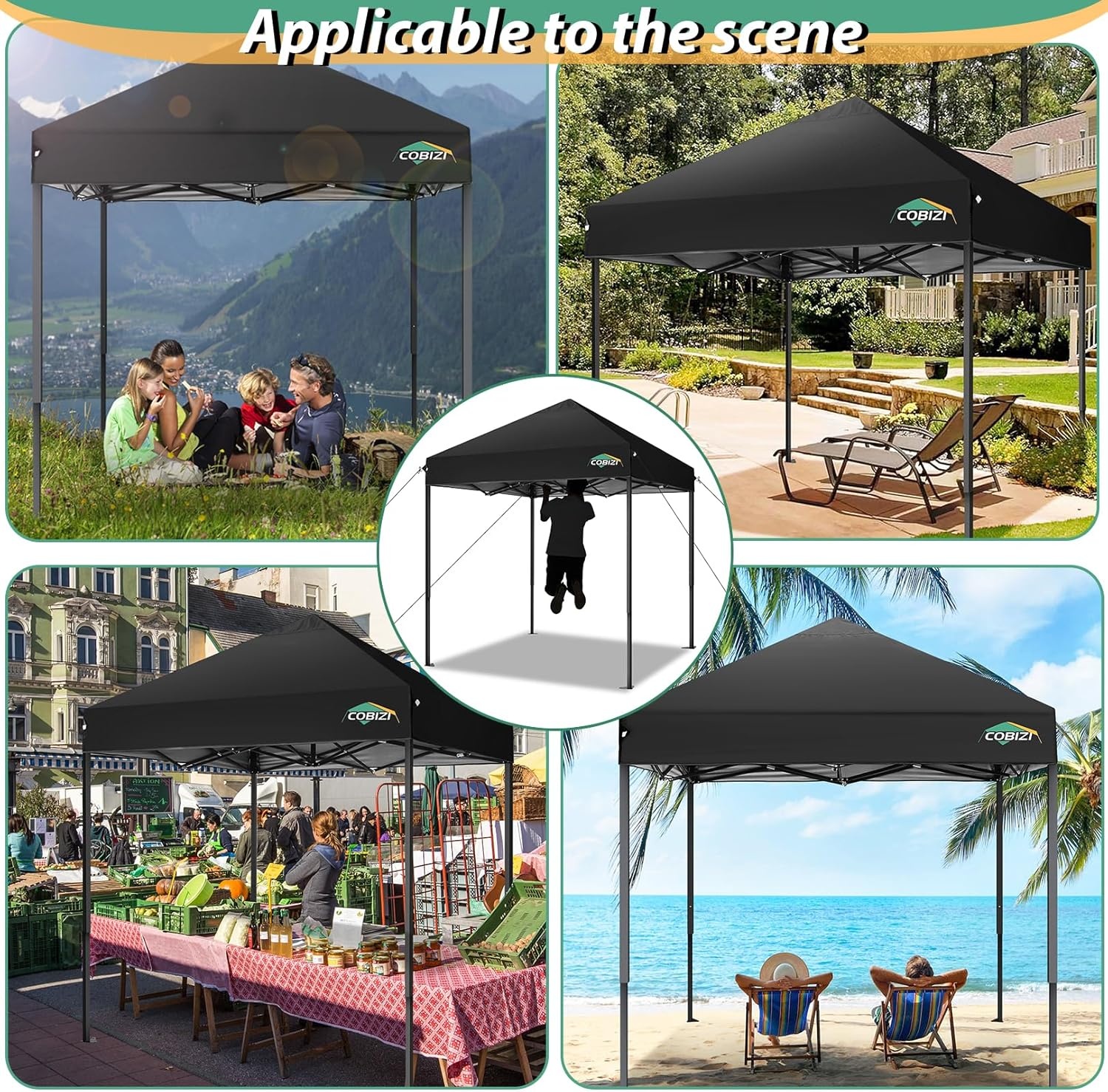 image:imageCOBIZI 66x66ft Pop Up Canopy Tent Heavy Duty Canopy Easy Set up Waterproof Outdoor Canopy Tent for Parties Beach Garden Camping with 1 Handbag 3 Adjustable Heights UPF50 Mist WhiteBlack
