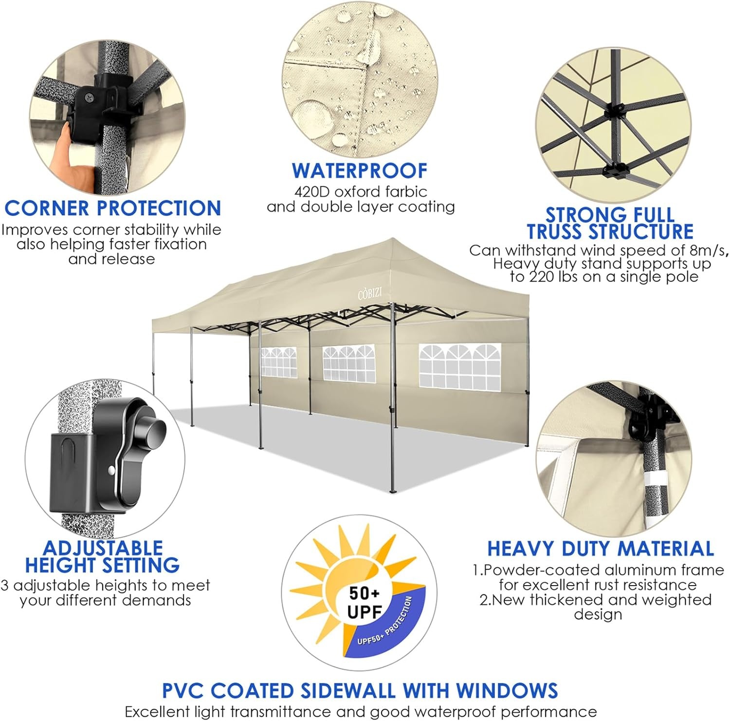 image:imageCOBIZI 66x66ft Pop Up Canopy Tent Heavy Duty Canopy Easy Set up Waterproof Outdoor Canopy Tent for Parties Beach Garden Camping with 1 Handbag 3 Adjustable Heights UPF50 Mist WhiteBeige