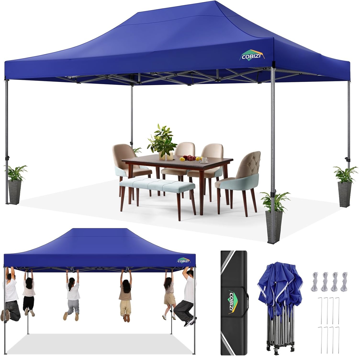 image:imageCOBIZI 66x66ft Pop Up Canopy Tent Heavy Duty Canopy Easy Set up Waterproof Outdoor Canopy Tent for Parties Beach Garden Camping with 1 Handbag 3 Adjustable Heights UPF50 Mist WhiteDark Blue
