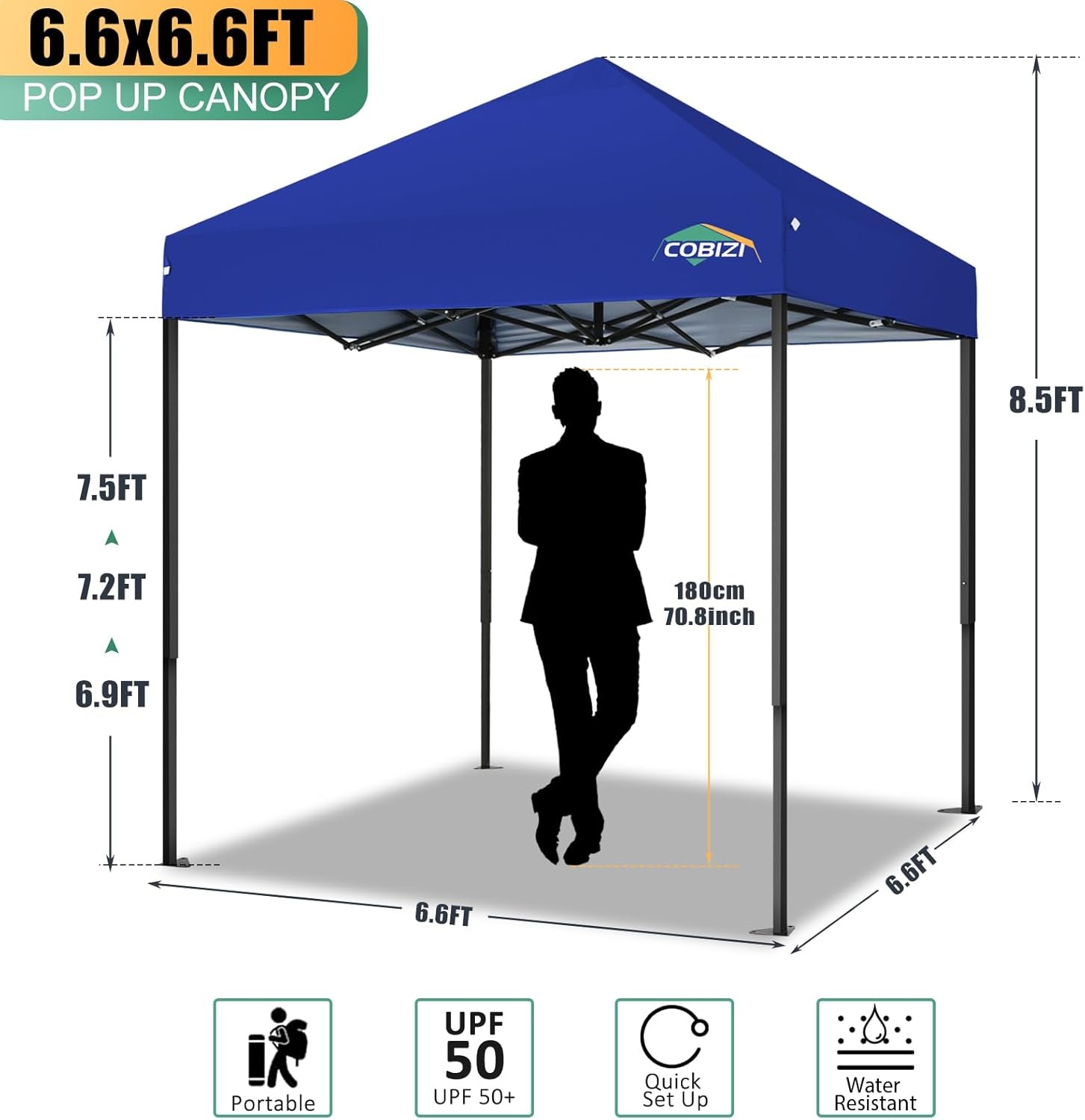 image:imageCOBIZI 66x66ft Pop Up Canopy Tent Heavy Duty Canopy Easy Set up Waterproof Outdoor Canopy Tent for Parties Beach Garden Camping with 1 Handbag 3 Adjustable Heights UPF50 Mist WhiteDark Blue