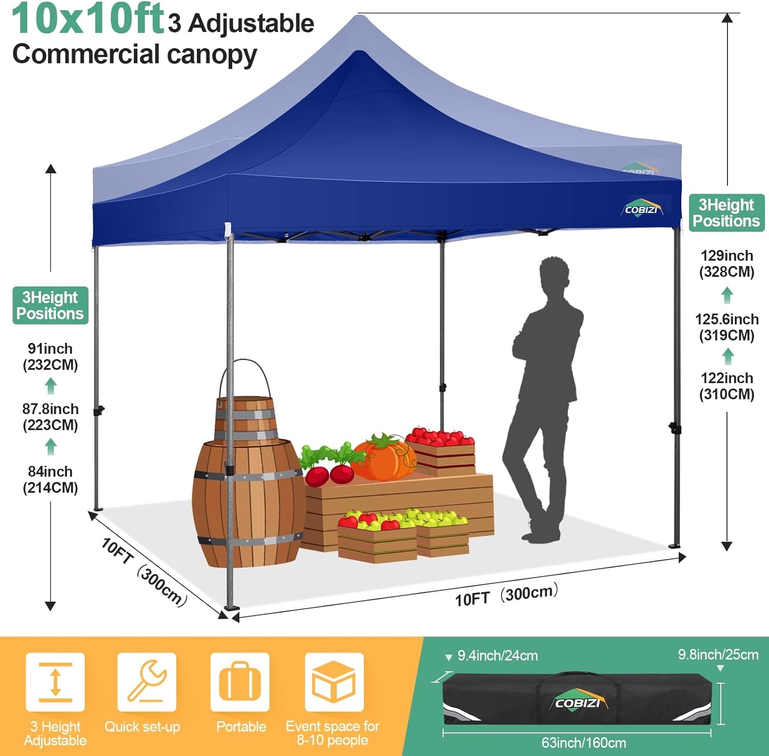 image:imageCOBIZI 66x66ft Pop Up Canopy Tent Heavy Duty Canopy Easy Set up Waterproof Outdoor Canopy Tent for Parties Beach Garden Camping with 1 Handbag 3 Adjustable Heights UPF50 Mist WhiteDark Blue